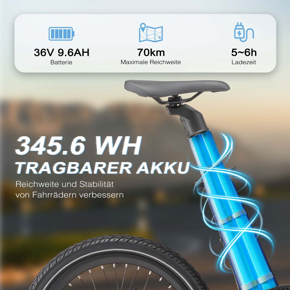 Batteria e-bike: 36V 9.6AH, 70km autonomia, 5-6h ricarica. 345.6 WH.