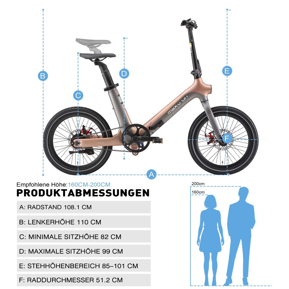 Diagramma di una bici elettrica con misure e confronto altezza umana.