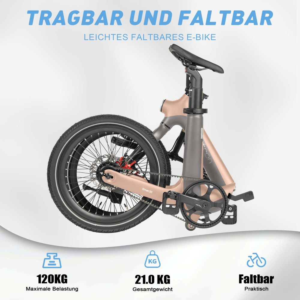Una e-bike pieghevole color oro rosa e grigio con specifiche.