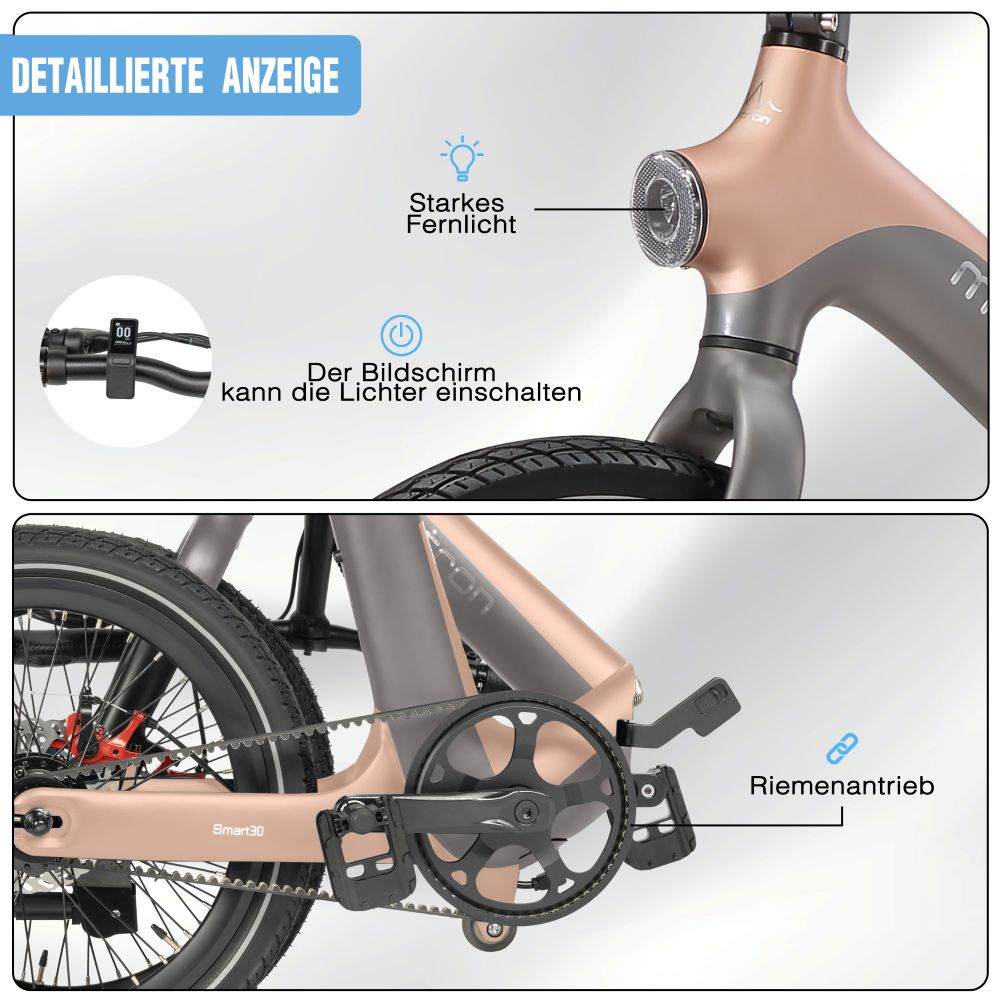 Una e-bike con trasmissione a cinghia, faro luminoso e display.