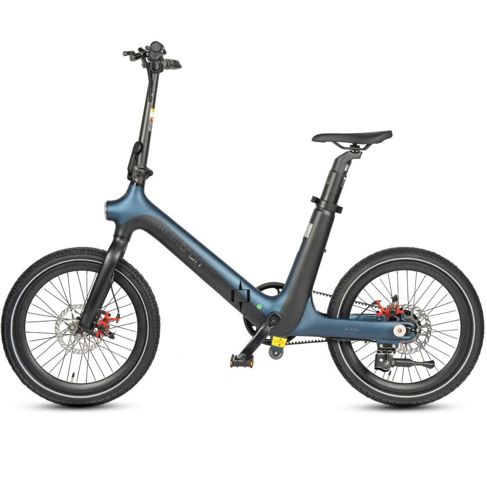 Una bicicletta elettrica pieghevole blu scuro con ruote e sella nere.