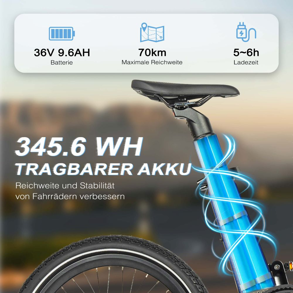 Batteria e-bike 36V 9.6AH, autonomia 70km, ricarica 5-6h.
