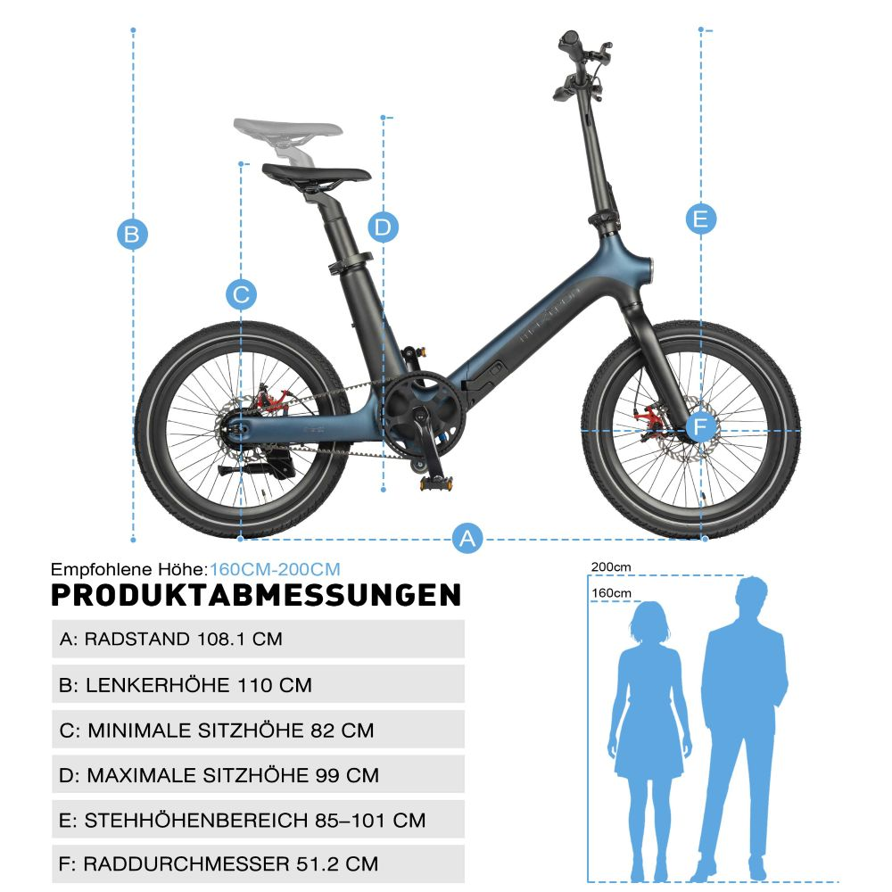 Bicicletta blu con etichette di misurazione e silhouette di due persone.