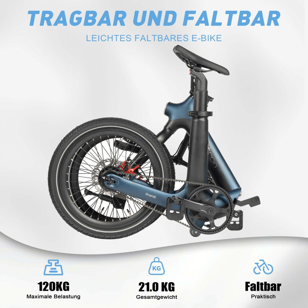Una e-bike pieghevole blu con testo su peso e portabilità.