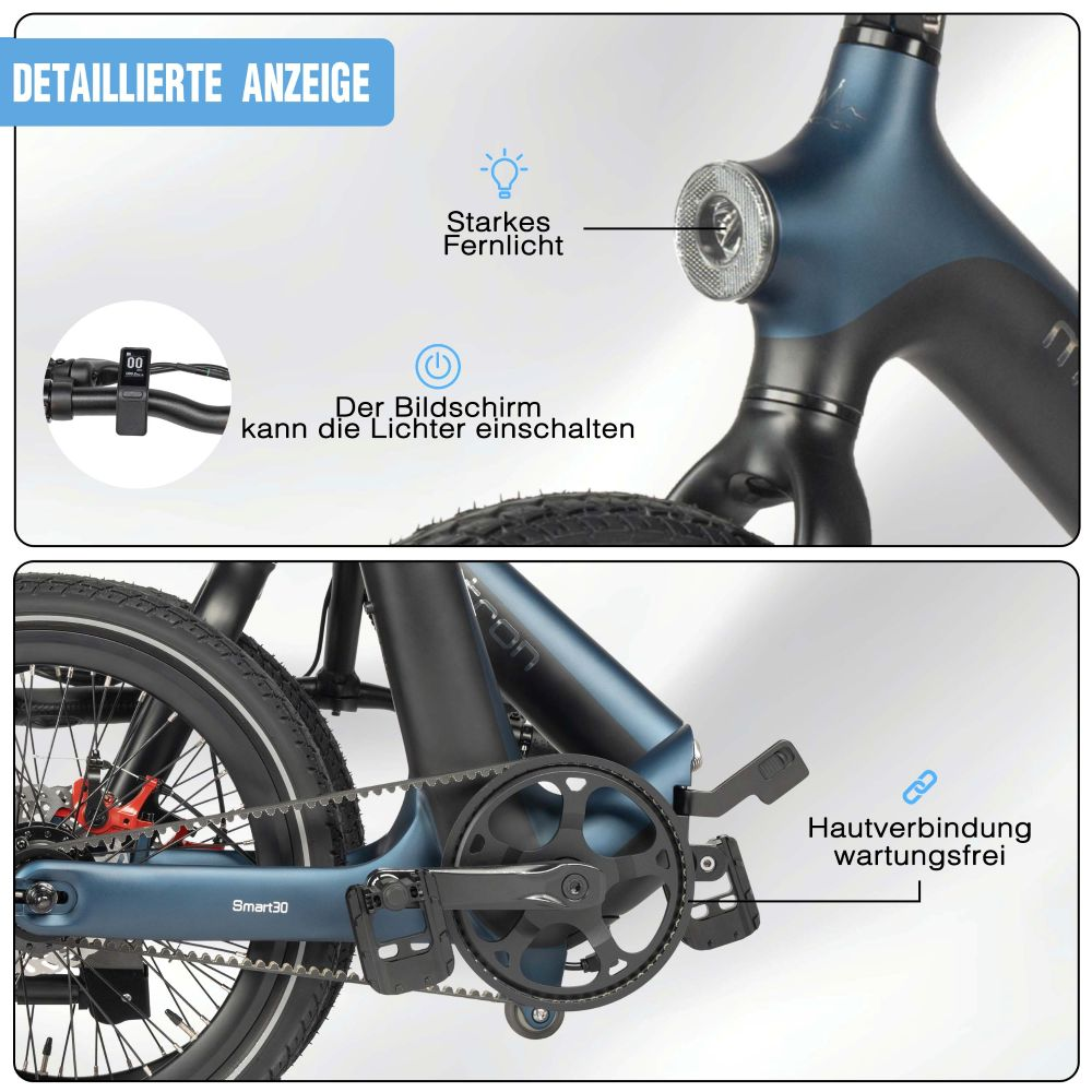 Dettagli e-bike: schermo controlla luci, faro potente, trasmissione a cinghia.