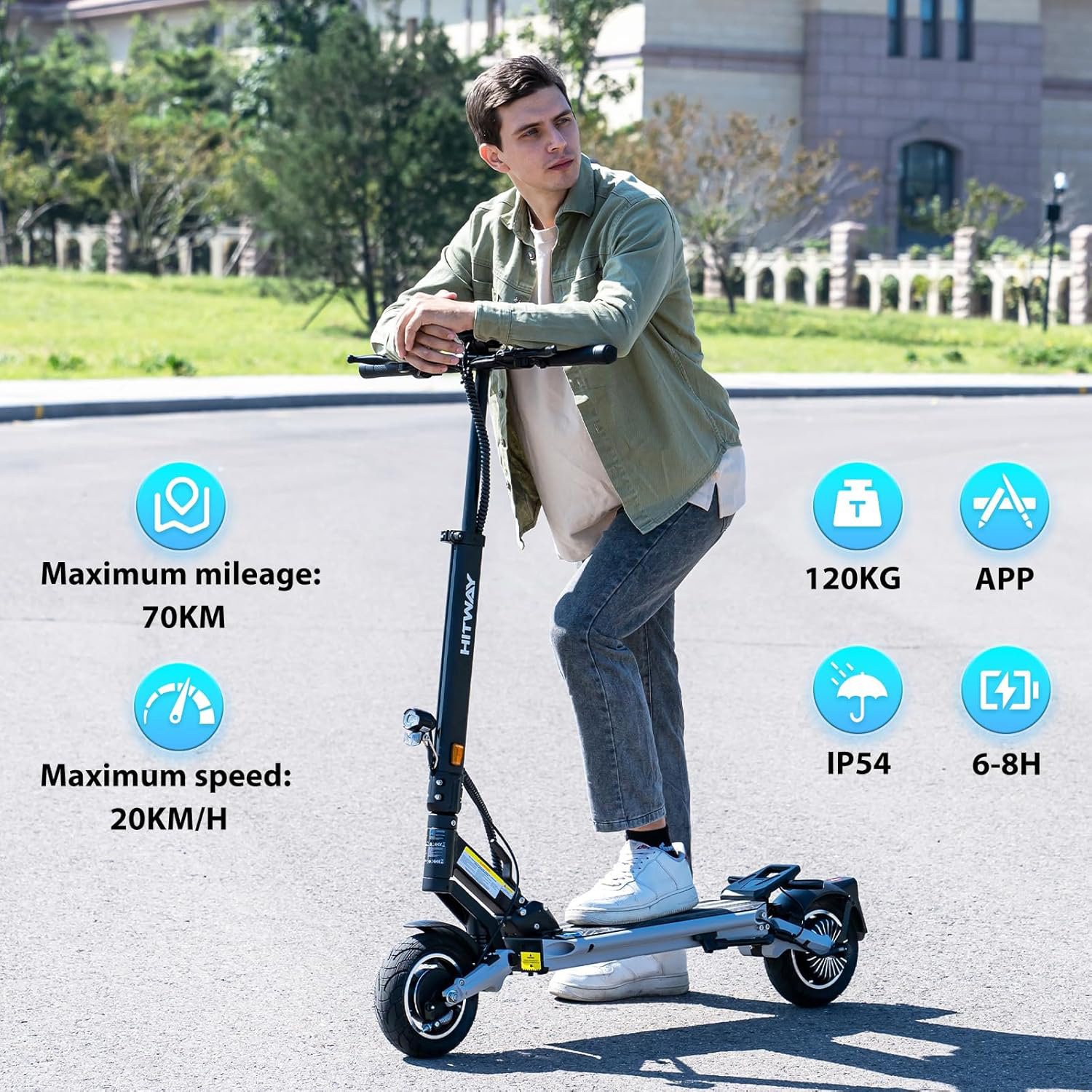 Man on electric scooter with specs: 70KM range, 20KM/H speed, 120KG max load, IP54, 6-8H charge.