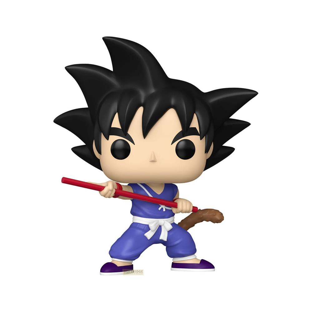 Funko Pop Goku Figur in blauer Kleidung mit weißem Gürtel, hält einen roten Stab. Affenschwanz sichtbar.