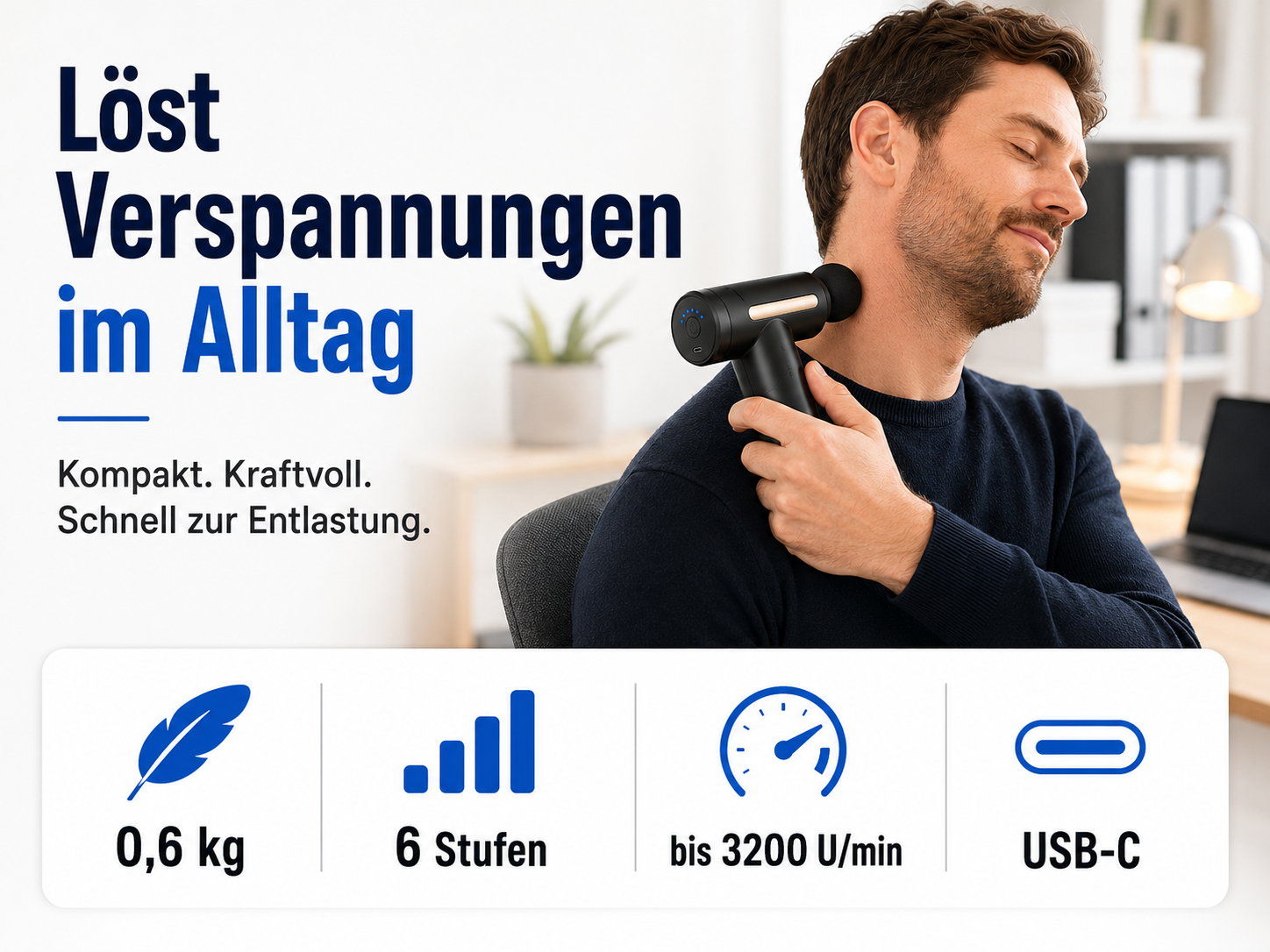 Mann nutzt Massagepistole für Nackenverspannungen. Bietet 0,6kg, 6 Stufen, bis 3200 U/min, USB-C.