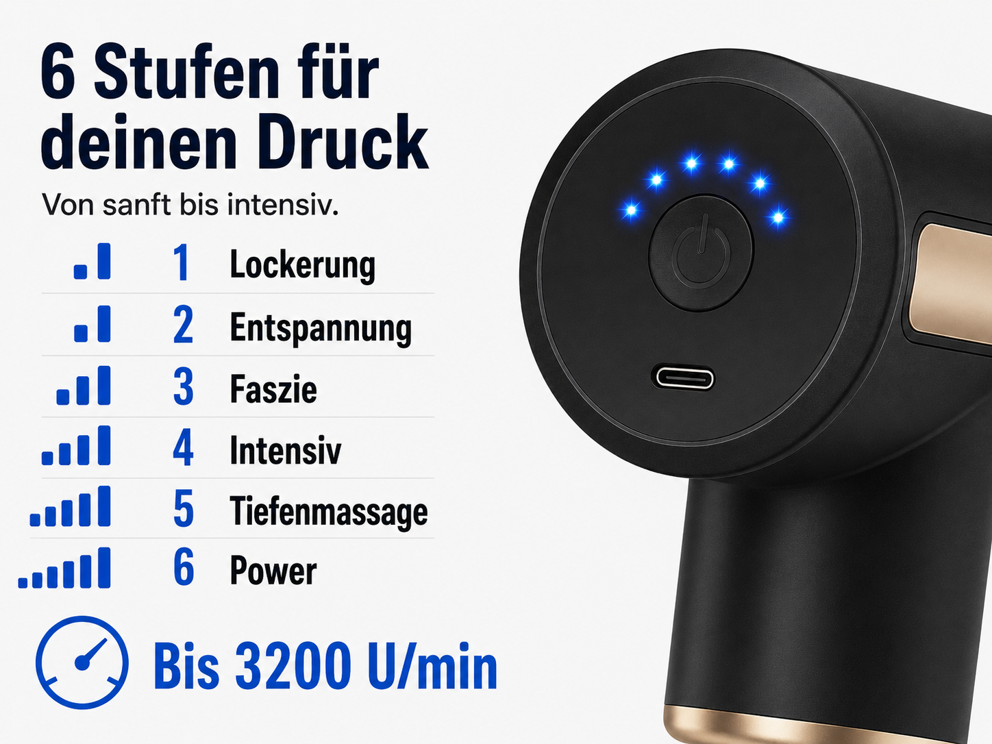 Massagepistole mit 6 Intensitätsstufen und 3200 U/min. Mit Power-Knopf und USB-C-Anschluss.