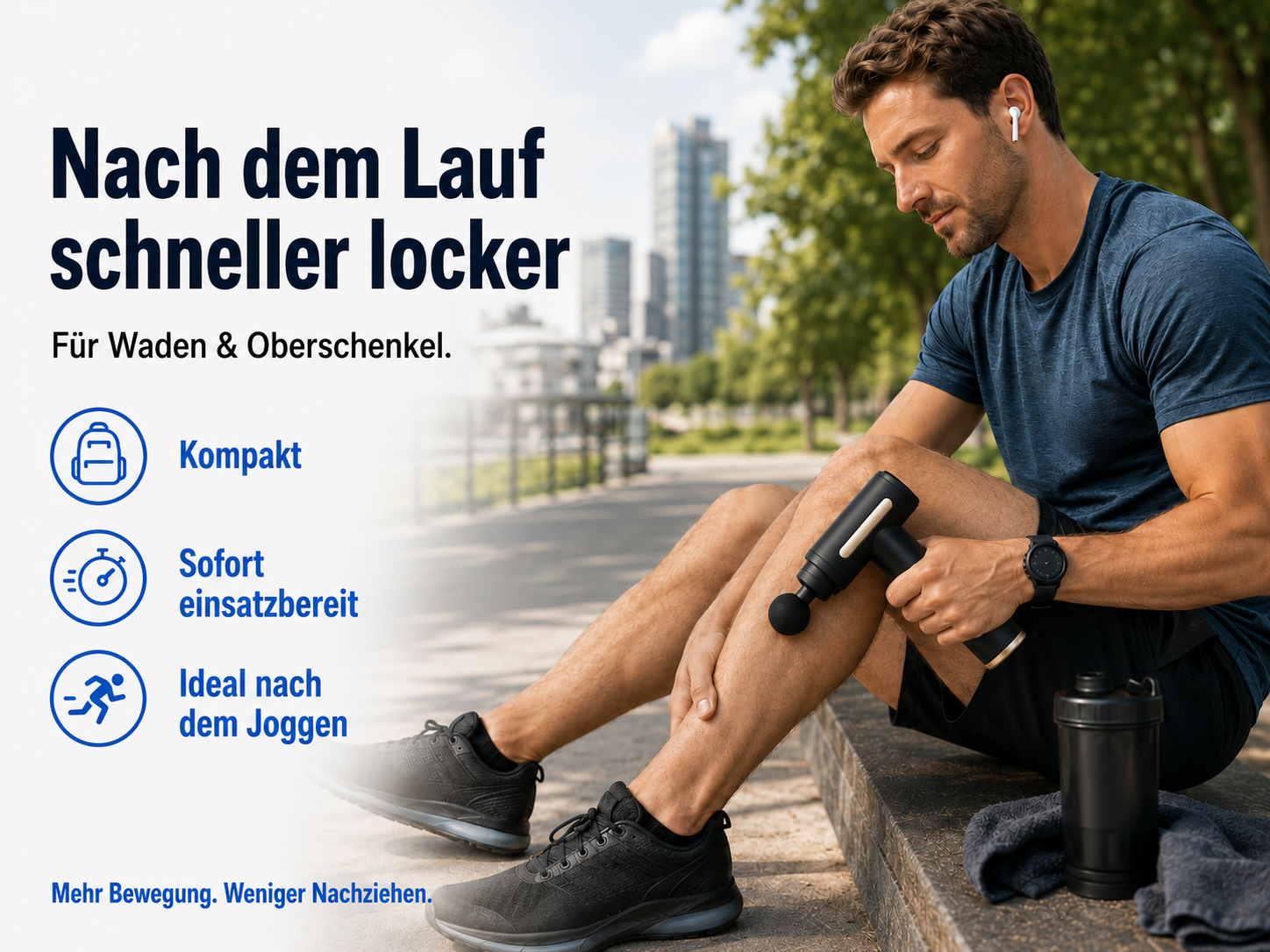 Mann benutzt Massagepistole am Bein, mit Text über Entspannung nach dem Laufen.