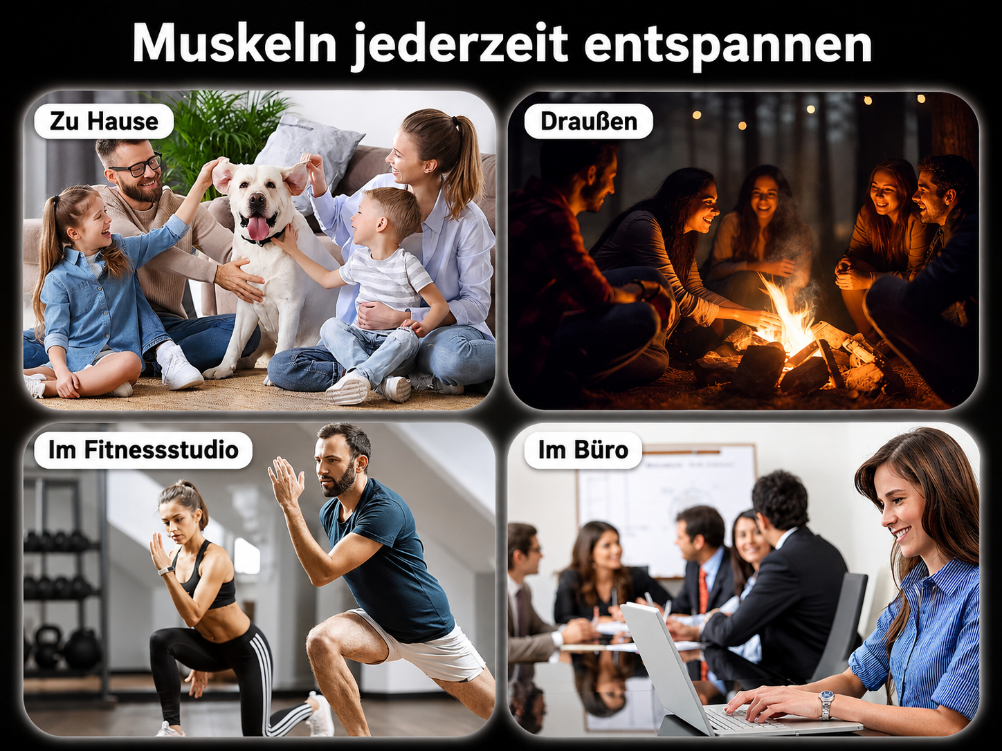Vier Szenen: Familie mit Hund zu Hause, Freunde am Lagerfeuer, Sportler im Fitnessstudio, Büroangestellte im Meeting.
