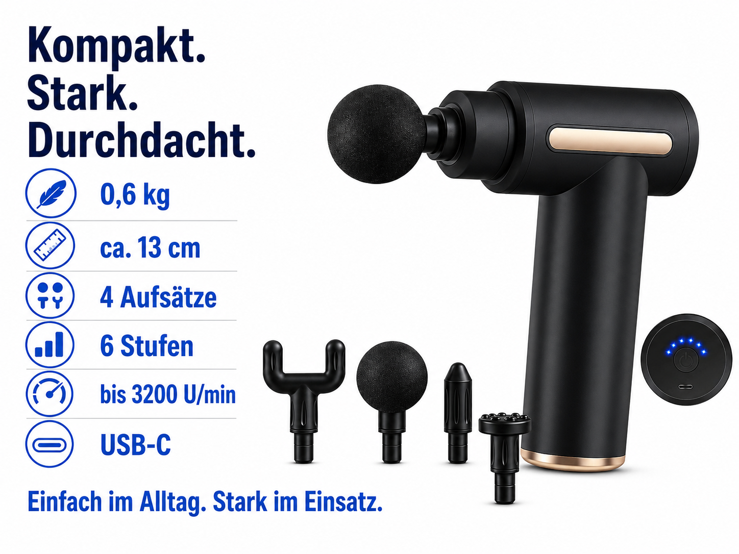 Schwarze Massagepistole mit 4 Aufsätzen, 0,6 kg, 13 cm, 6 Stufen, USB-C.