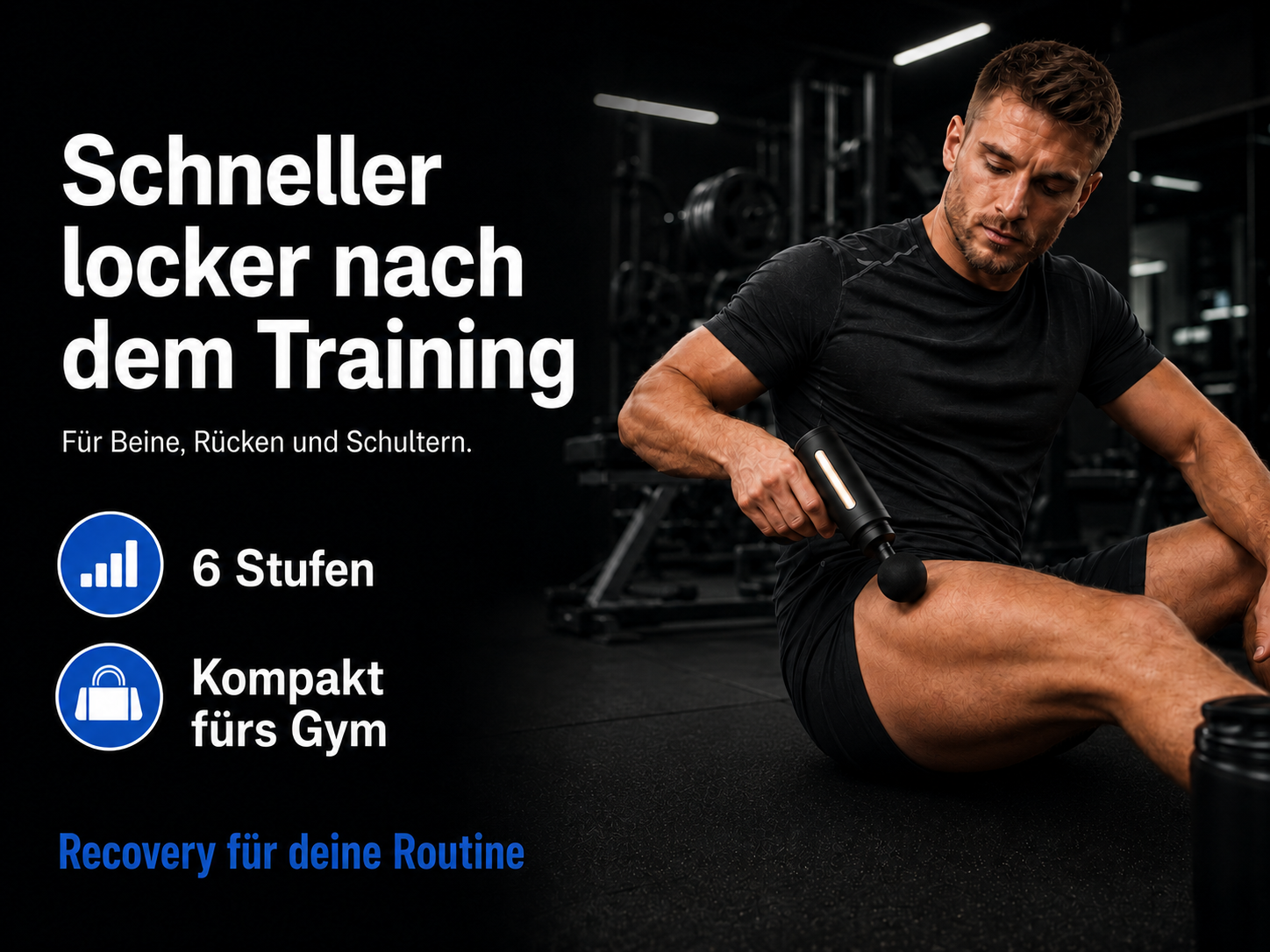 Mann benutzt Massagepistole am Oberschenkel im Fitnessstudio. Text über Erholung.