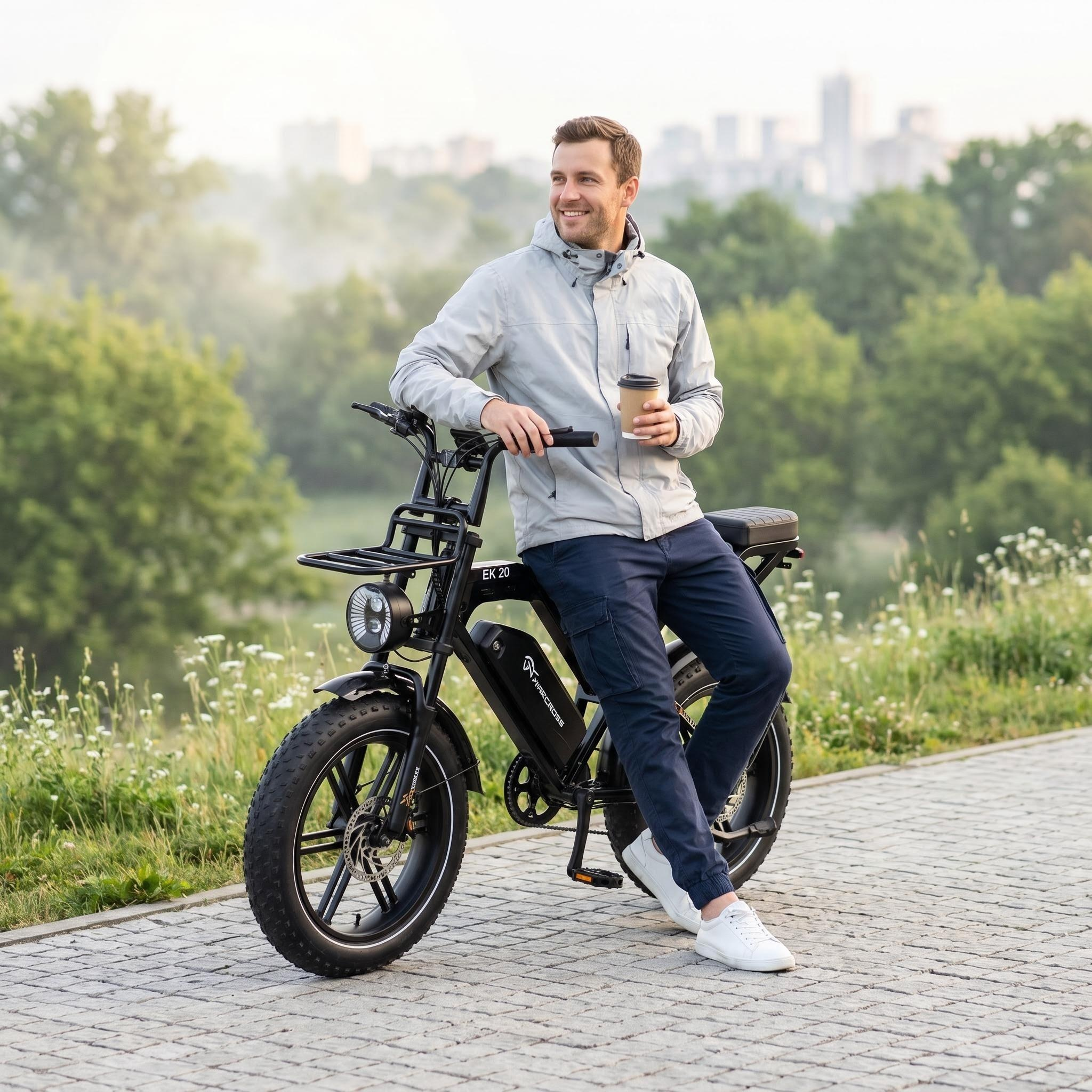 Mężczyzna z kawą na rowerze elektrycznym w parku, miasto w tle.