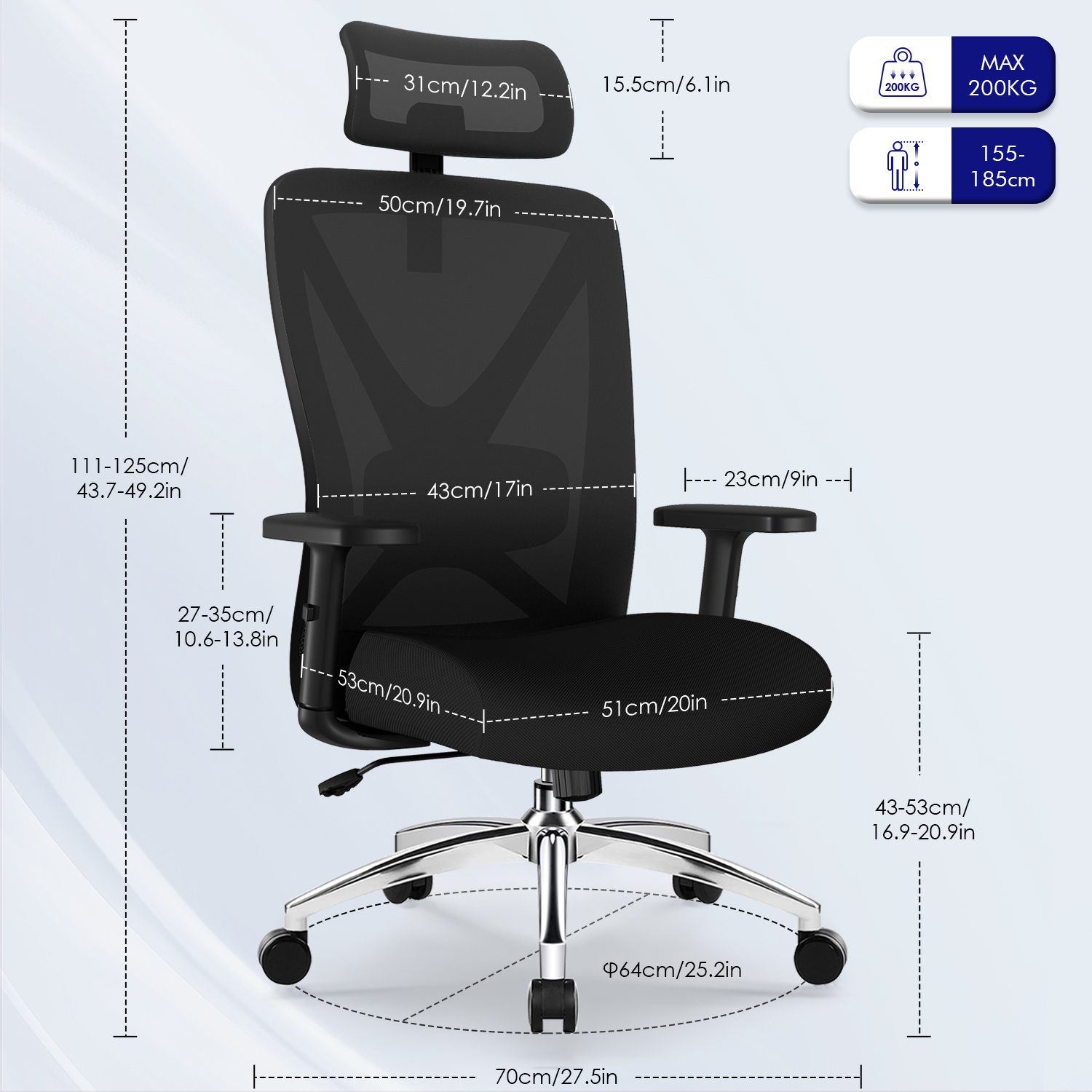 Schwarzer ergonomischer Bürostuhl mit verstellbarer Höhe, Kopfstütze und Armlehnen. Max. Last 200kg.
