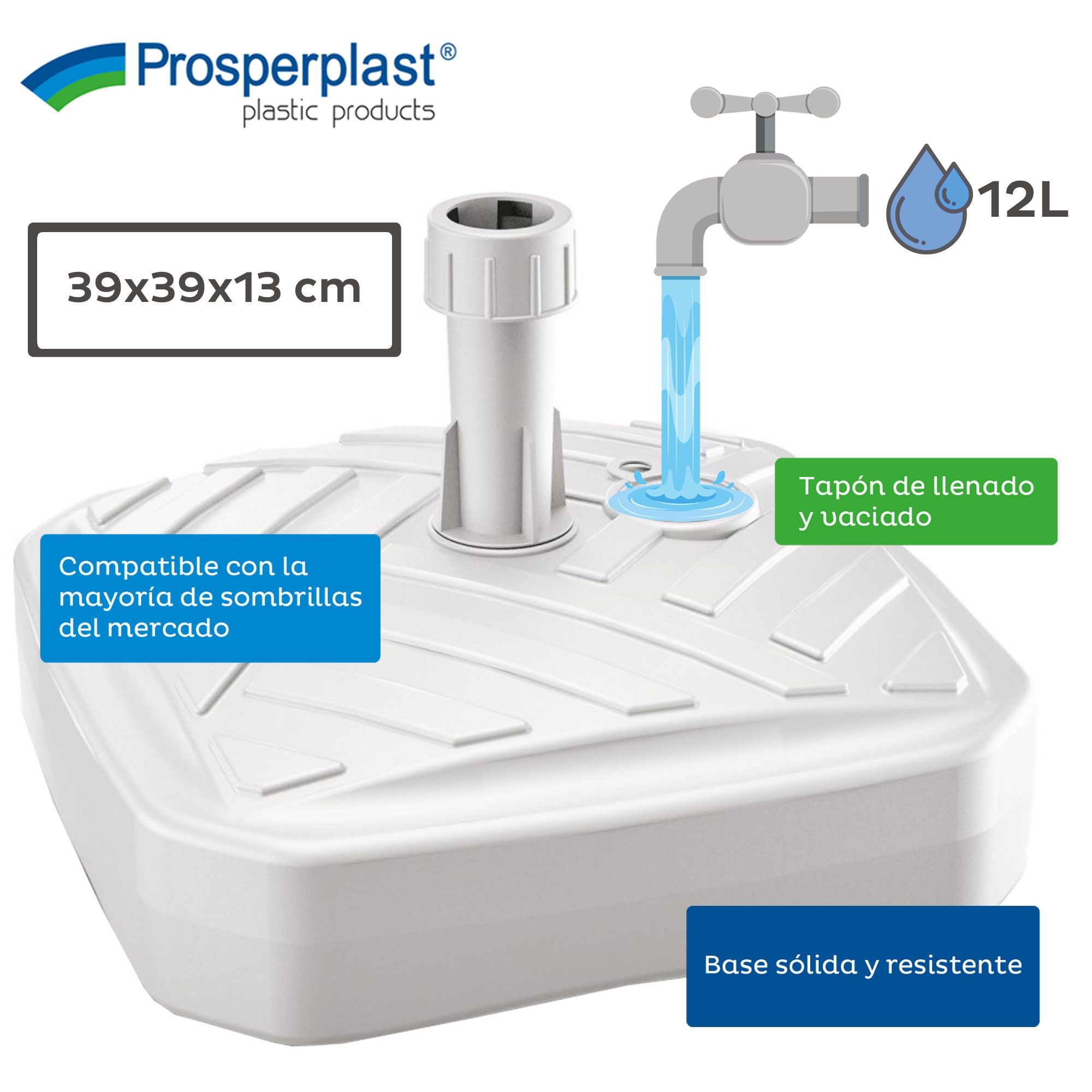 Base blanca con grifo de agua de 12L. Dimensiones 39x39x13 cm.