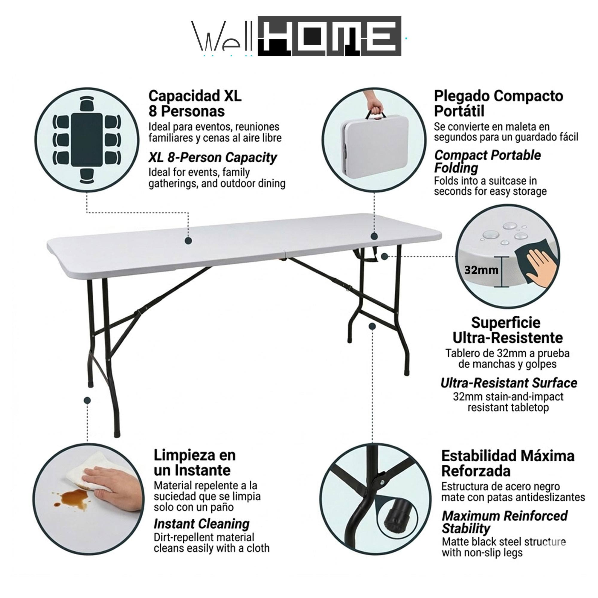 Una mesa plegable blanca para 8 personas con patas negras, mostrada desplegada.