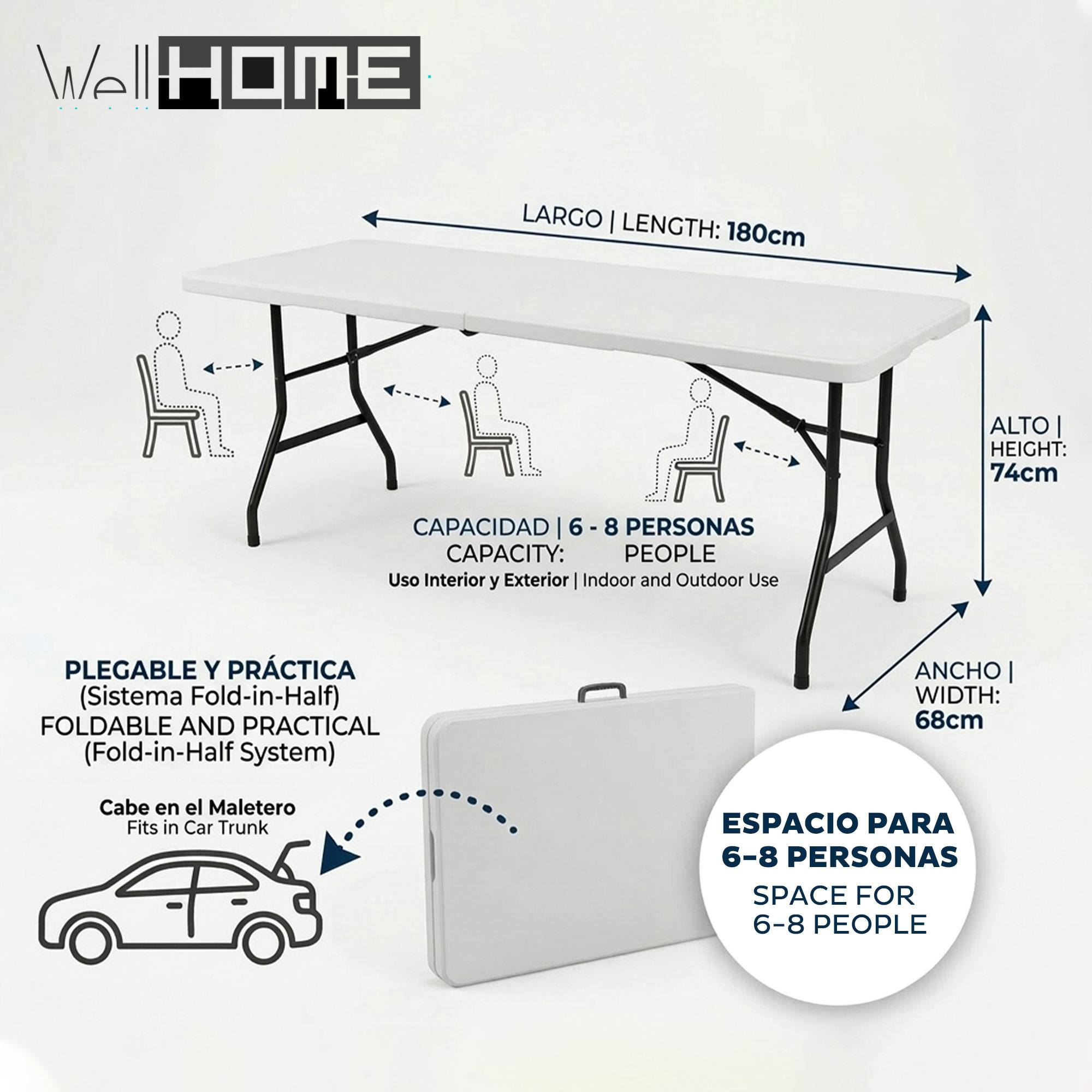 Mesa plegable blanca: Largo 180cm, Alto 74cm, Ancho 68cm. Cabe en maletero de coche.