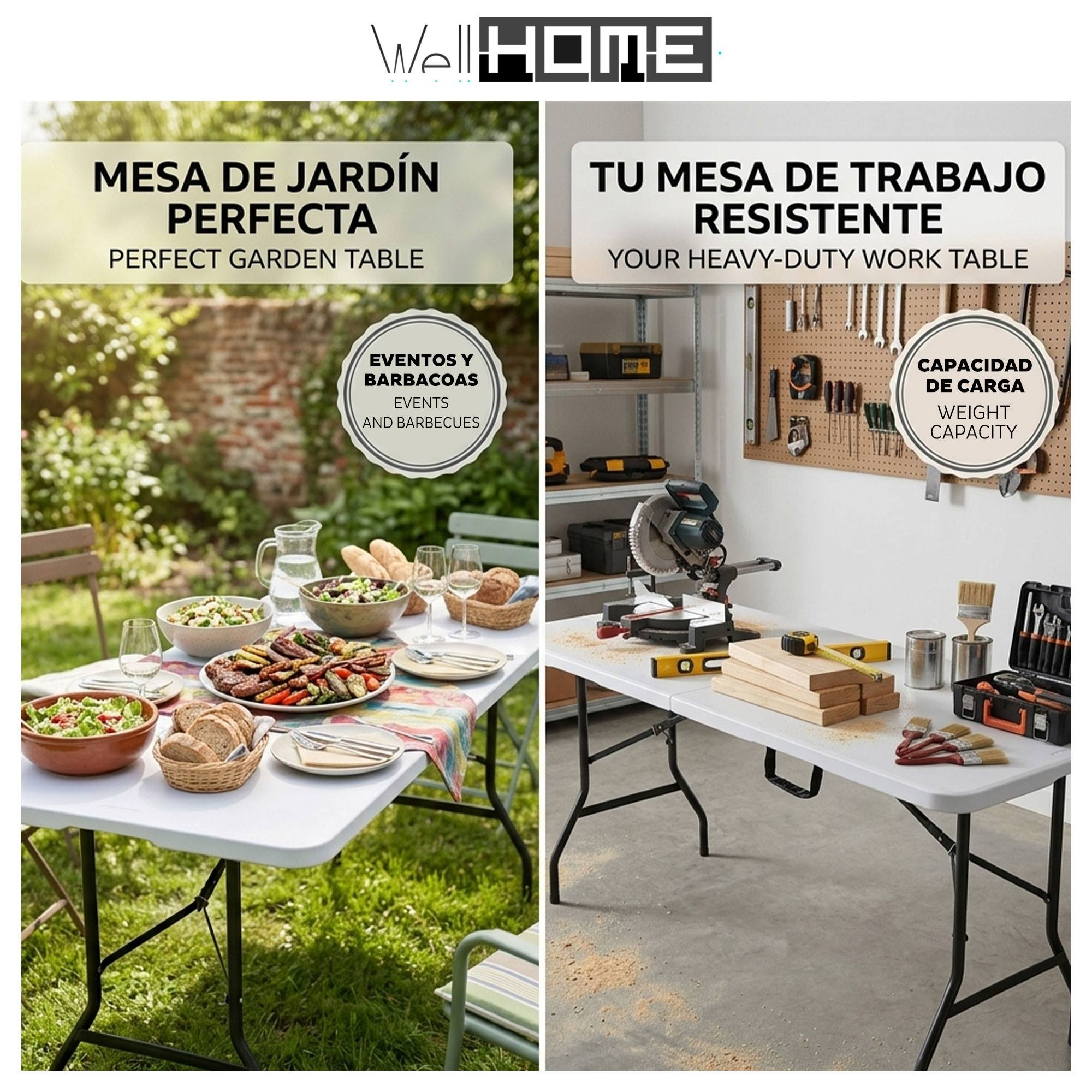 Dos mesas: una para jardín con comida, otra para taller con herramientas.