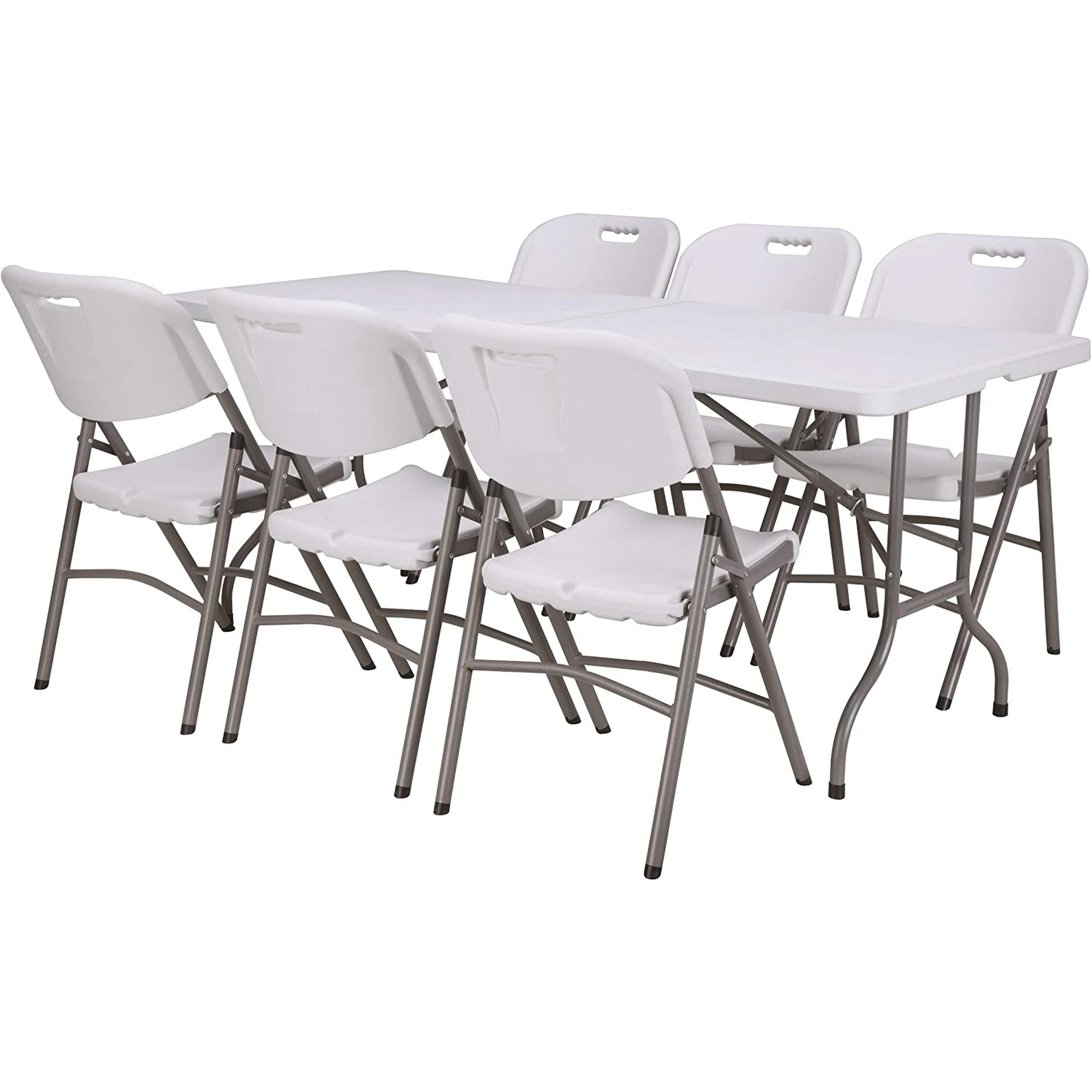 Una mesa plegable blanca con seis sillas plegables blancas.