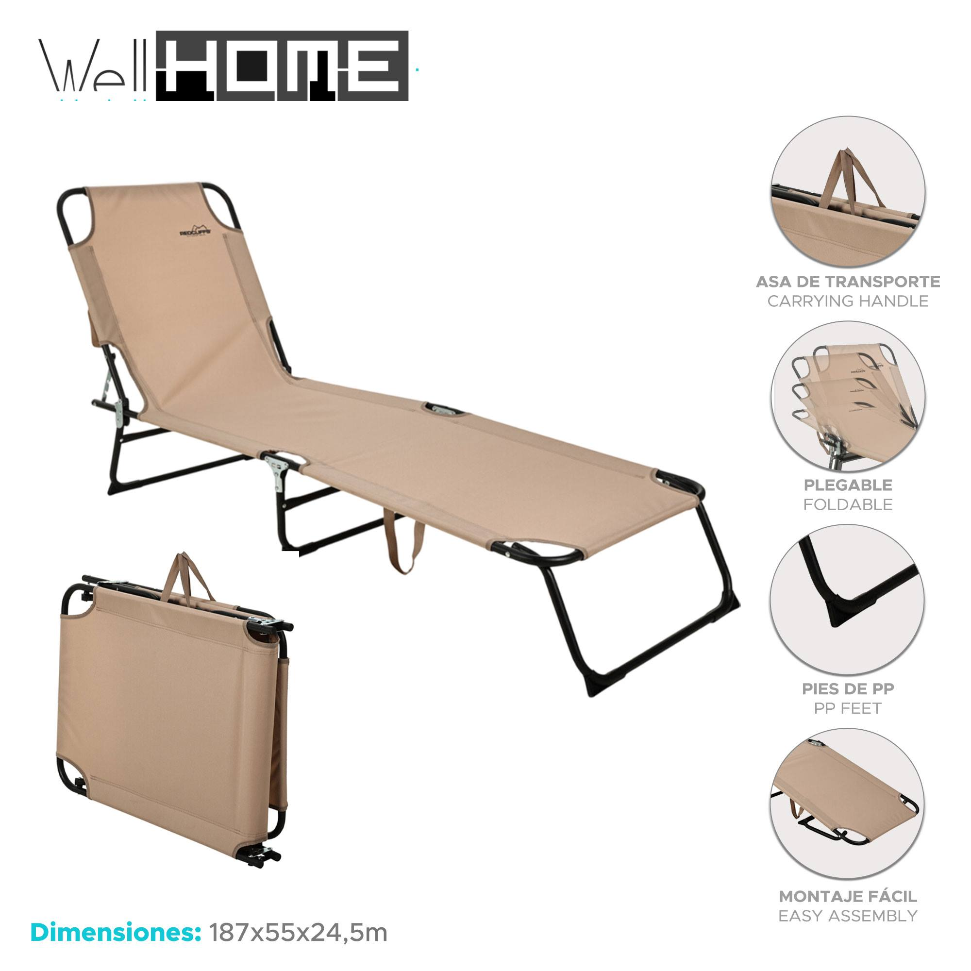 Una cama de camping plegable color canela con marco de metal negro, mostrada desplegada y plegada.