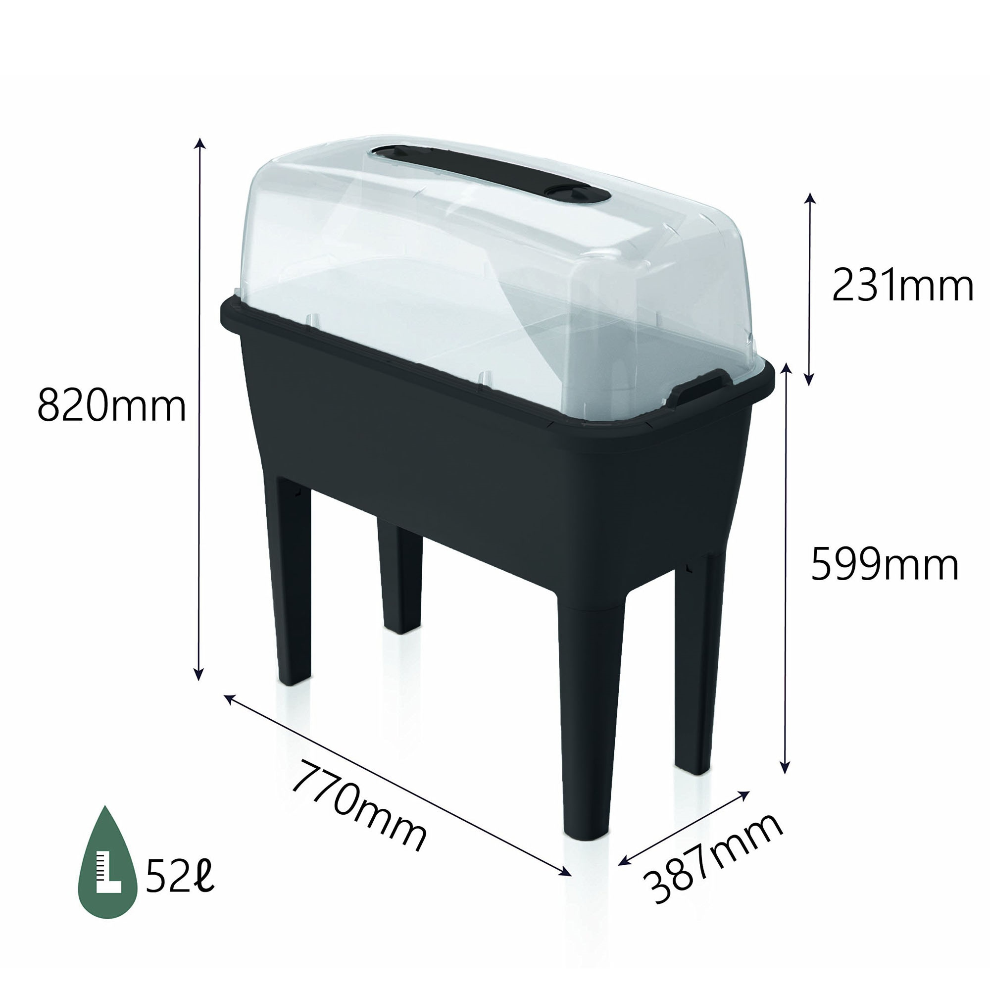 Bancal elevado negro con tapa transparente, capacidad de 52L.