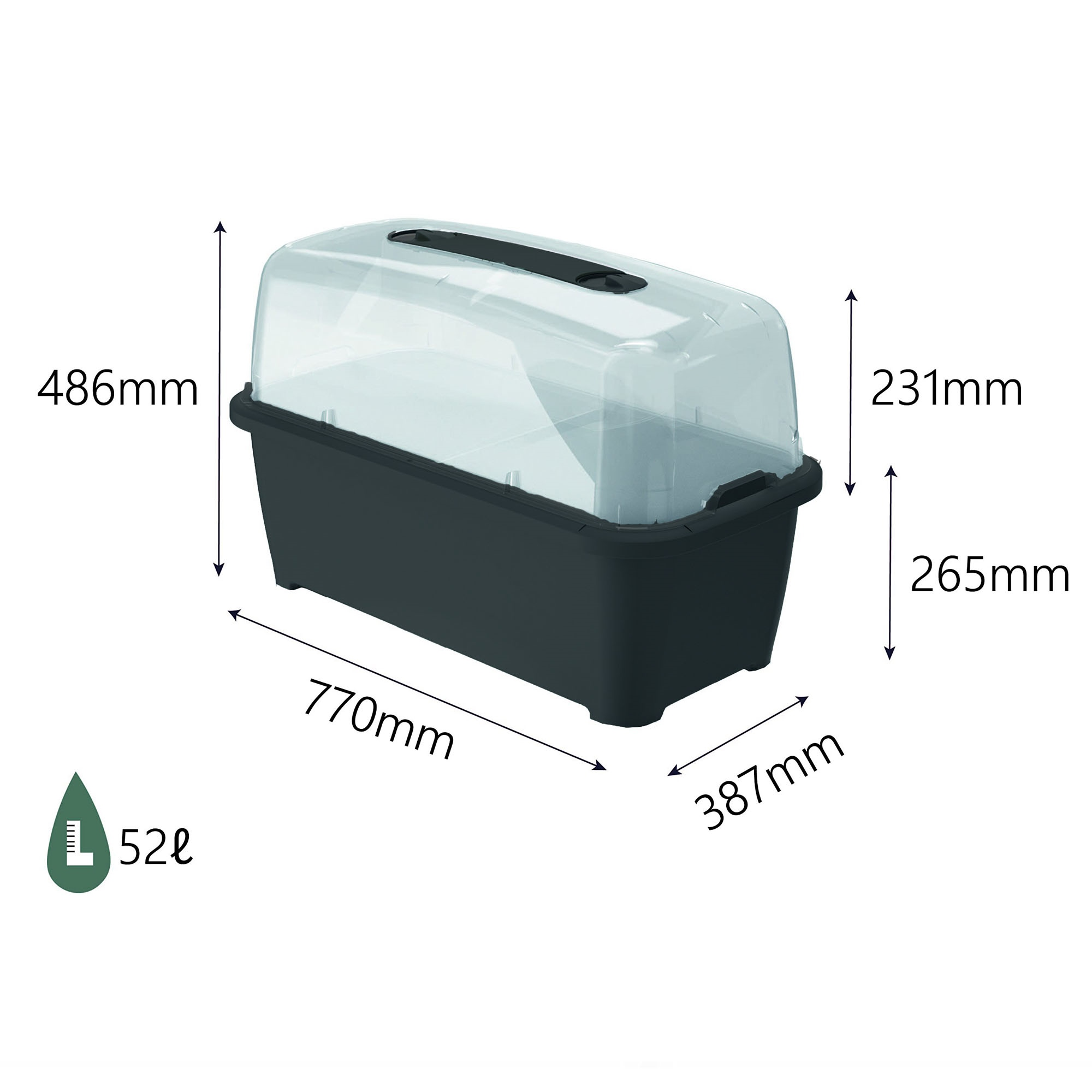 Contenedor gris oscuro con tapa transparente, 770x387x486mm, capacidad 52L.