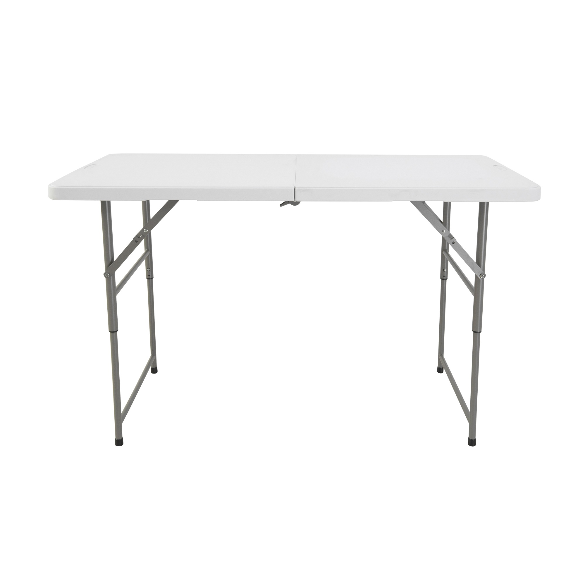 Una mesa plegable blanca con patas de metal grises sobre fondo blanco.