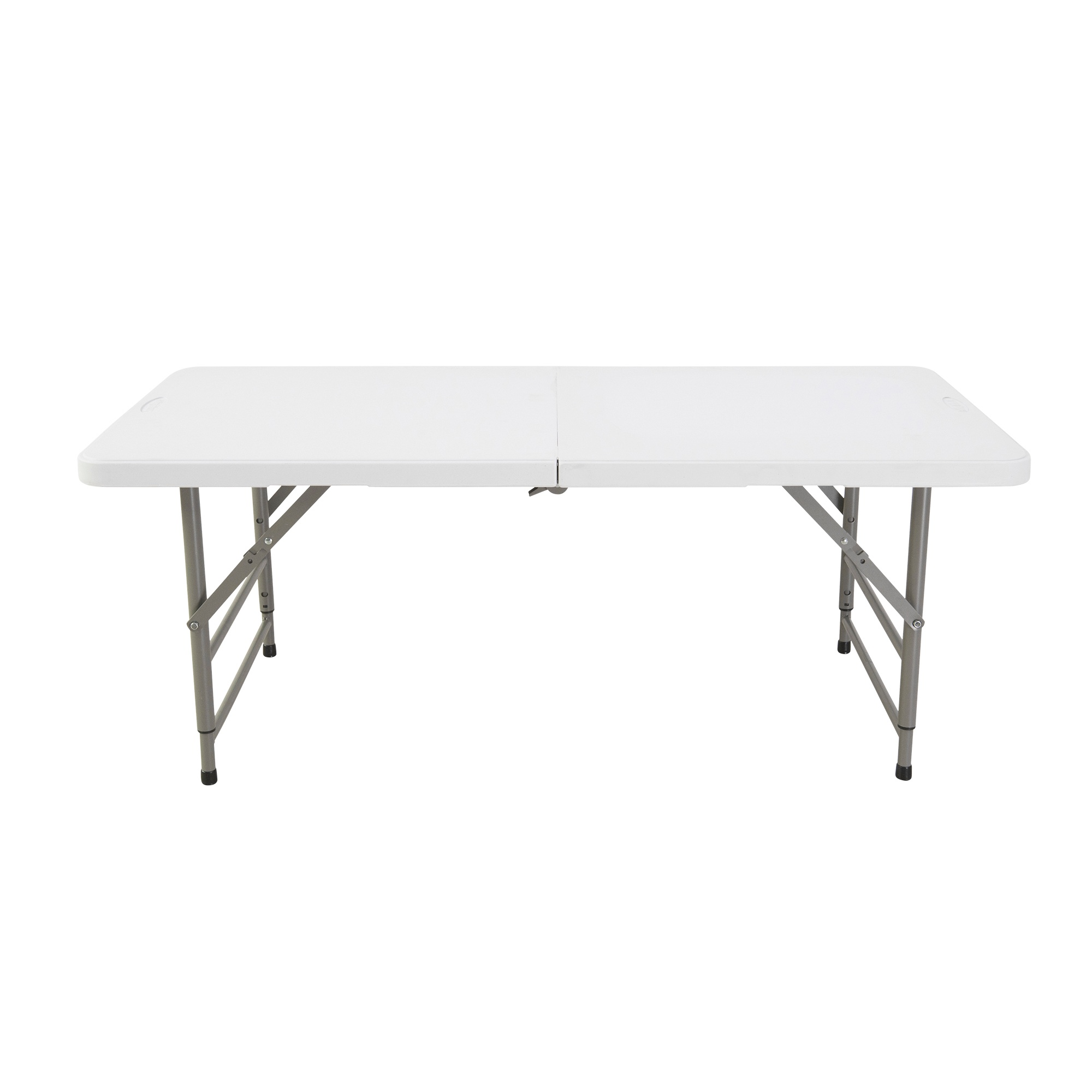 Una mesa plegable blanca con patas de metal grises, sobre fondo blanco.