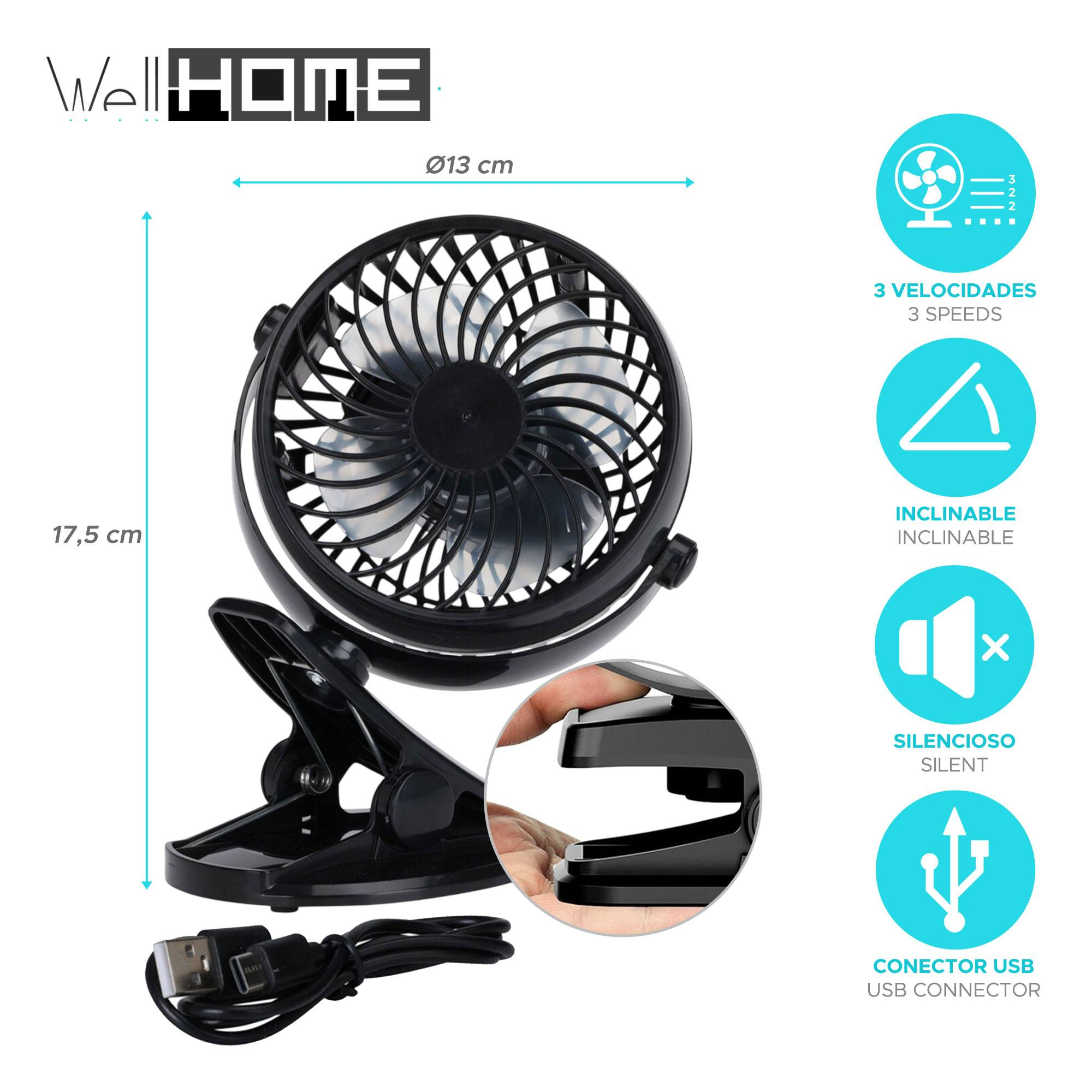 Ventilador negro con pinza y conector USB, 13cm diámetro, 17,5cm alto.
