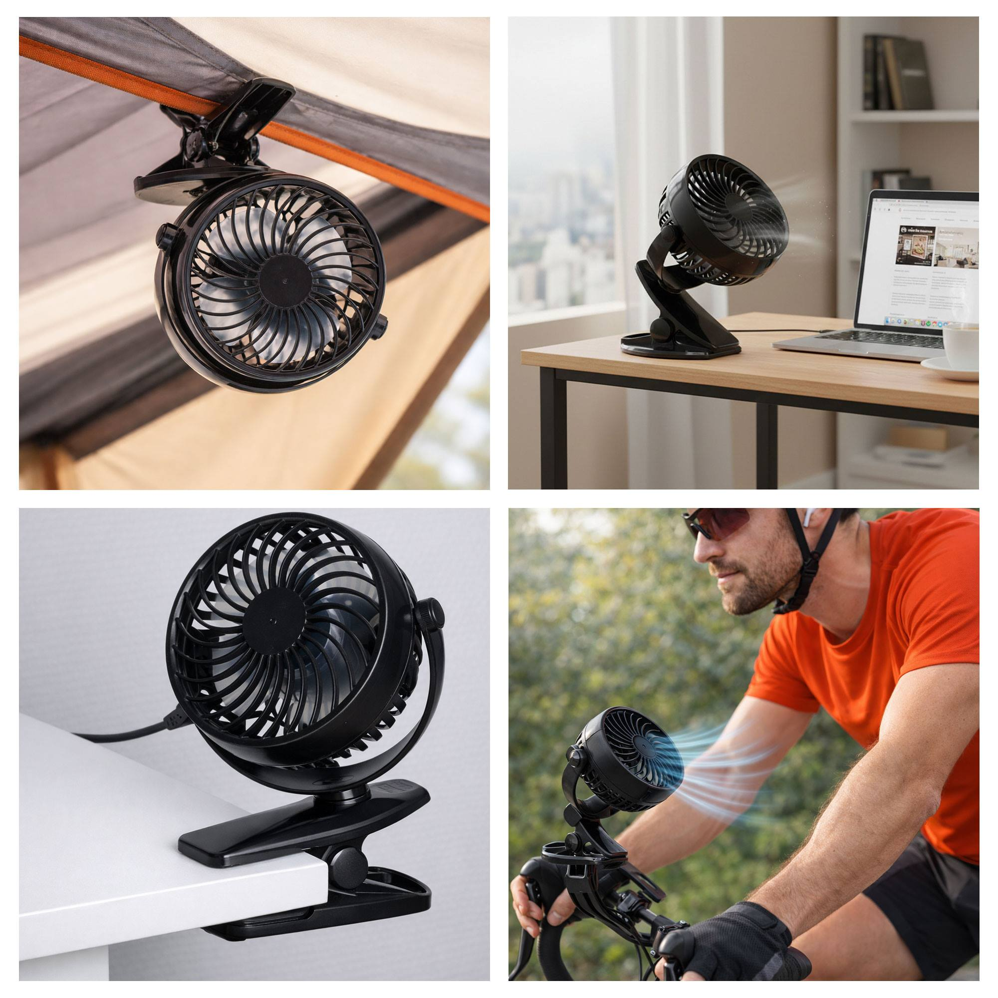 Cuatro imágenes muestran un ventilador negro con clip en diferentes entornos: tienda, escritorio, mesa y bicicleta.