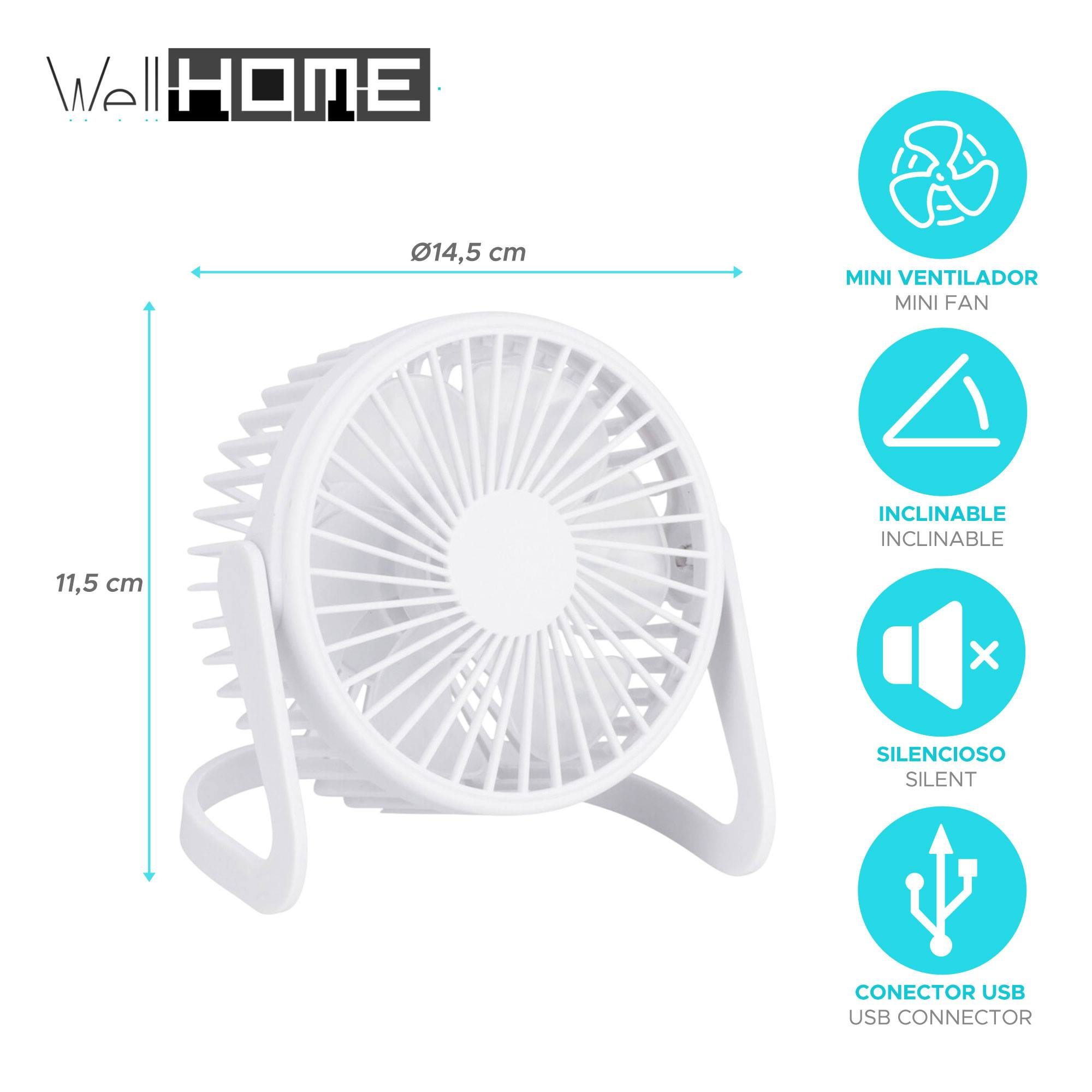 Un mini ventilador USB blanco con iconos azules que indican inclinación y silencio.