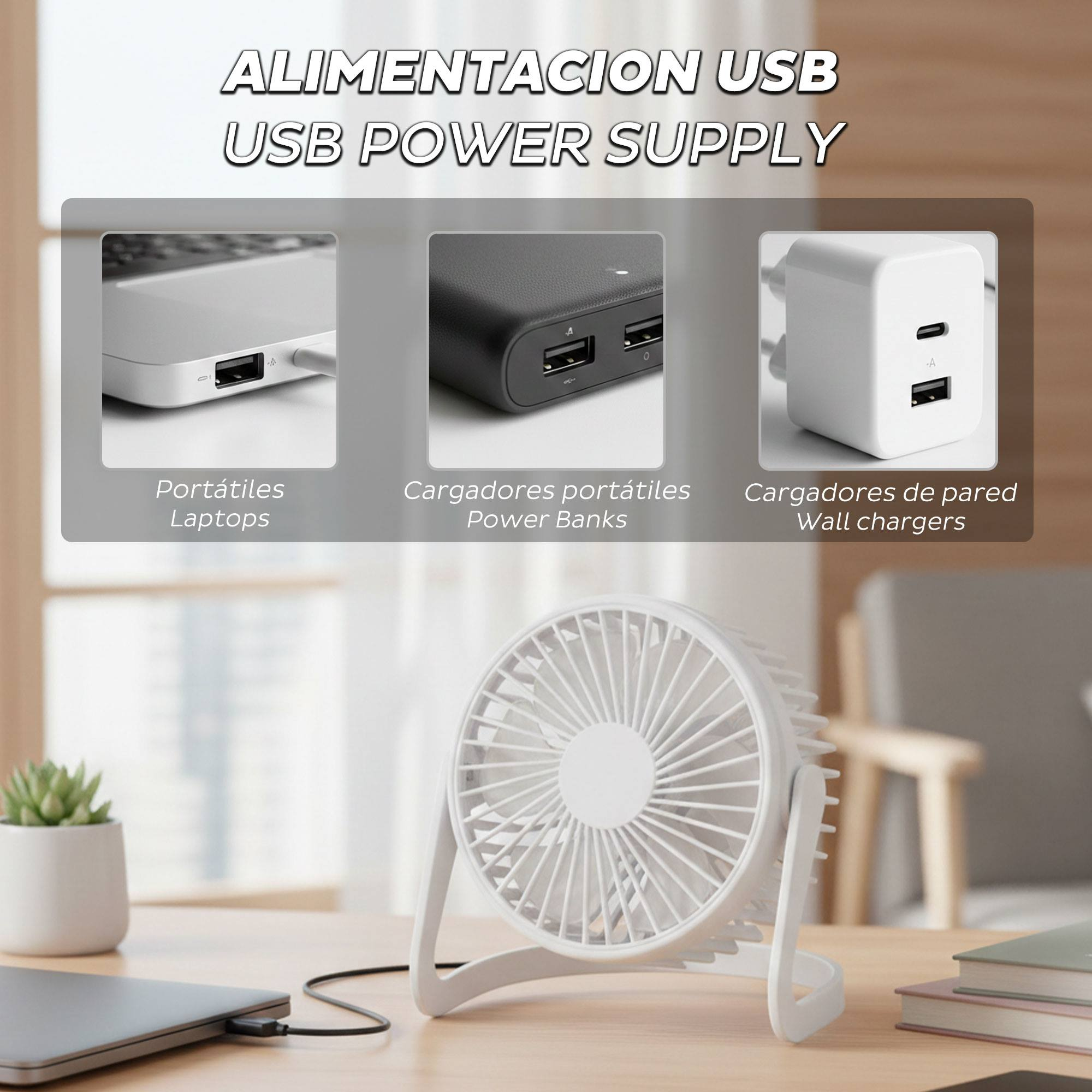Primer plano de fuentes de alimentación USB: portátil, power bank y cargador.