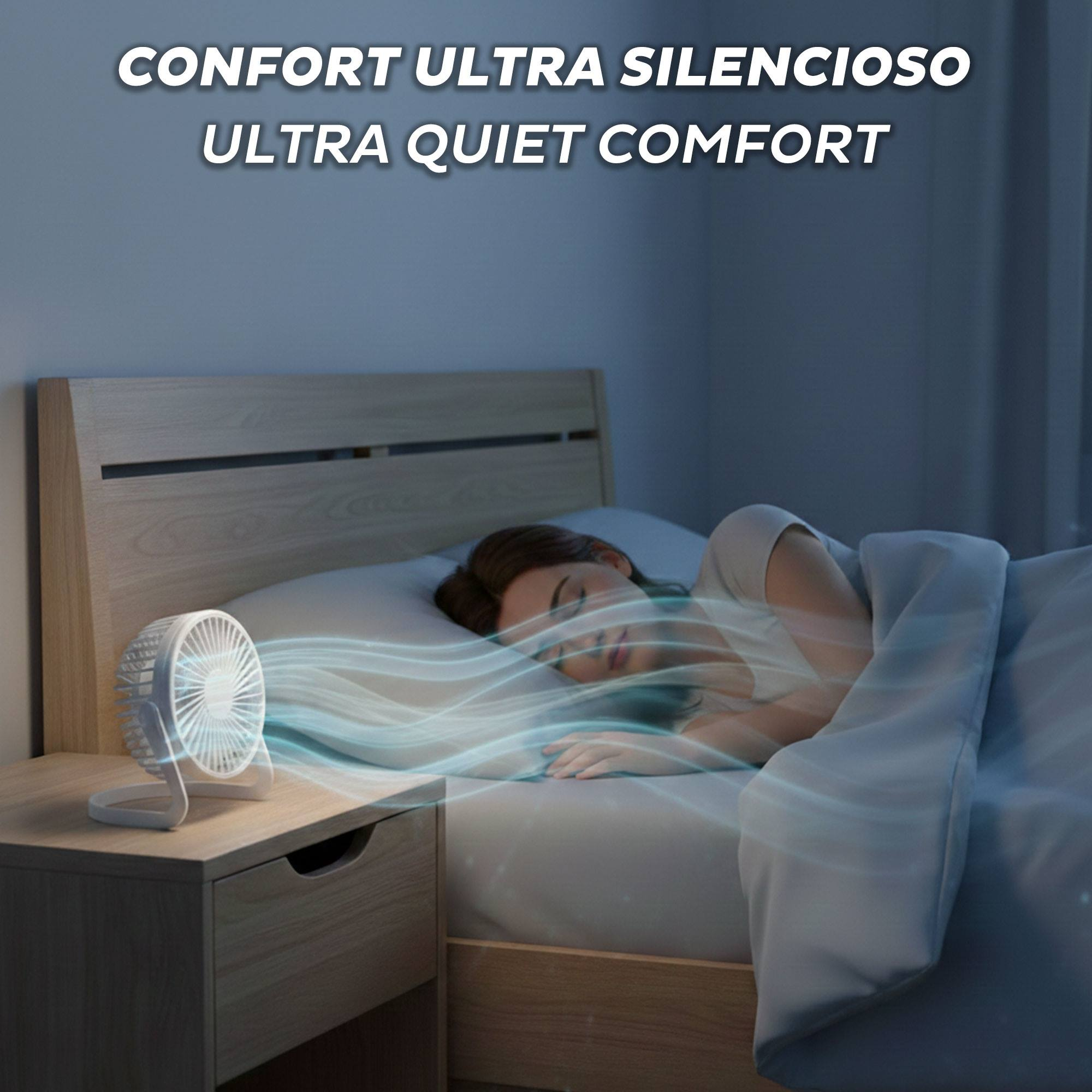 Un pequeño ventilador sopla aire sobre una persona durmiendo en la cama.