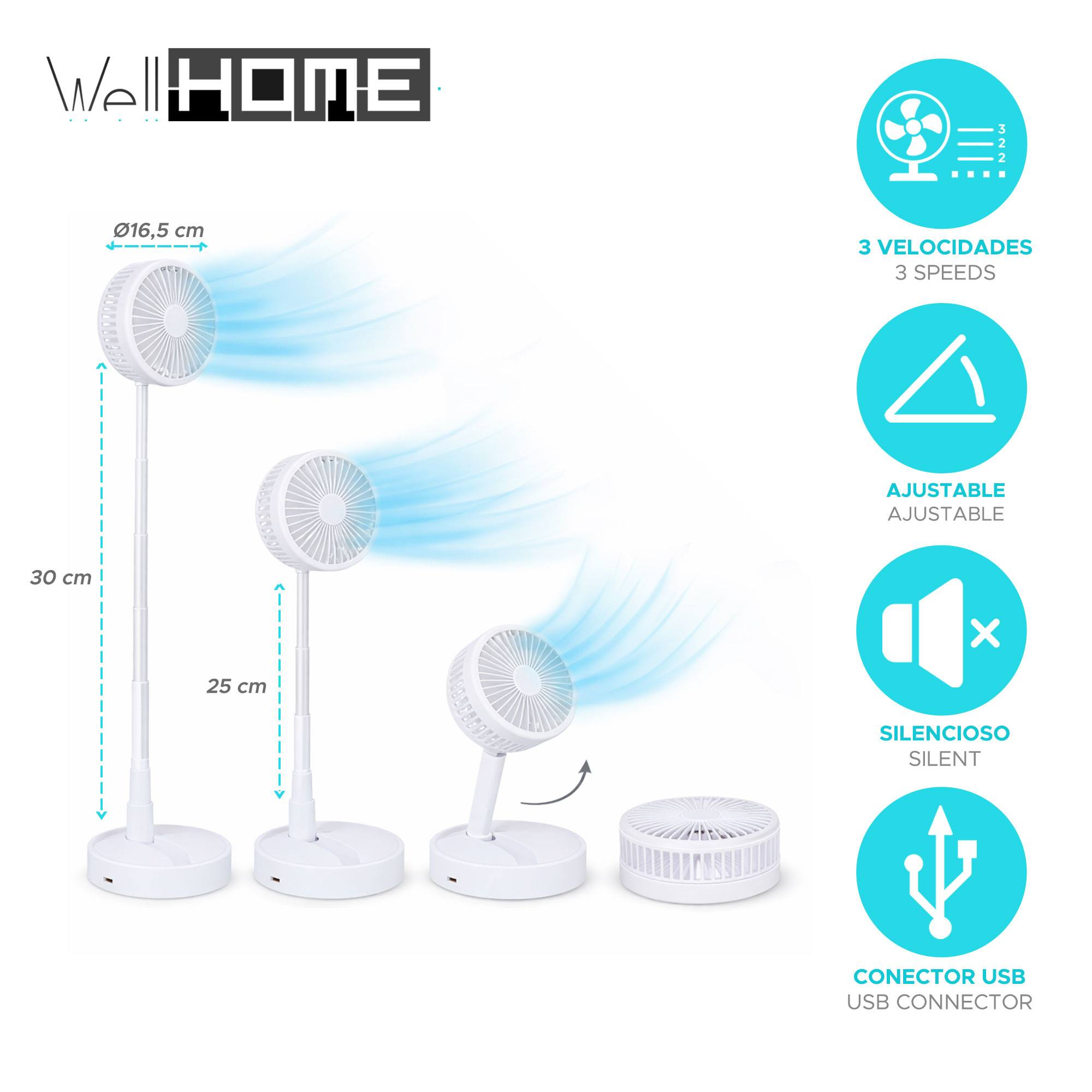 Ventiladores blancos a diferentes alturas emitiendo aire. Iconos muestran velocidades, ajuste, silencio y USB.