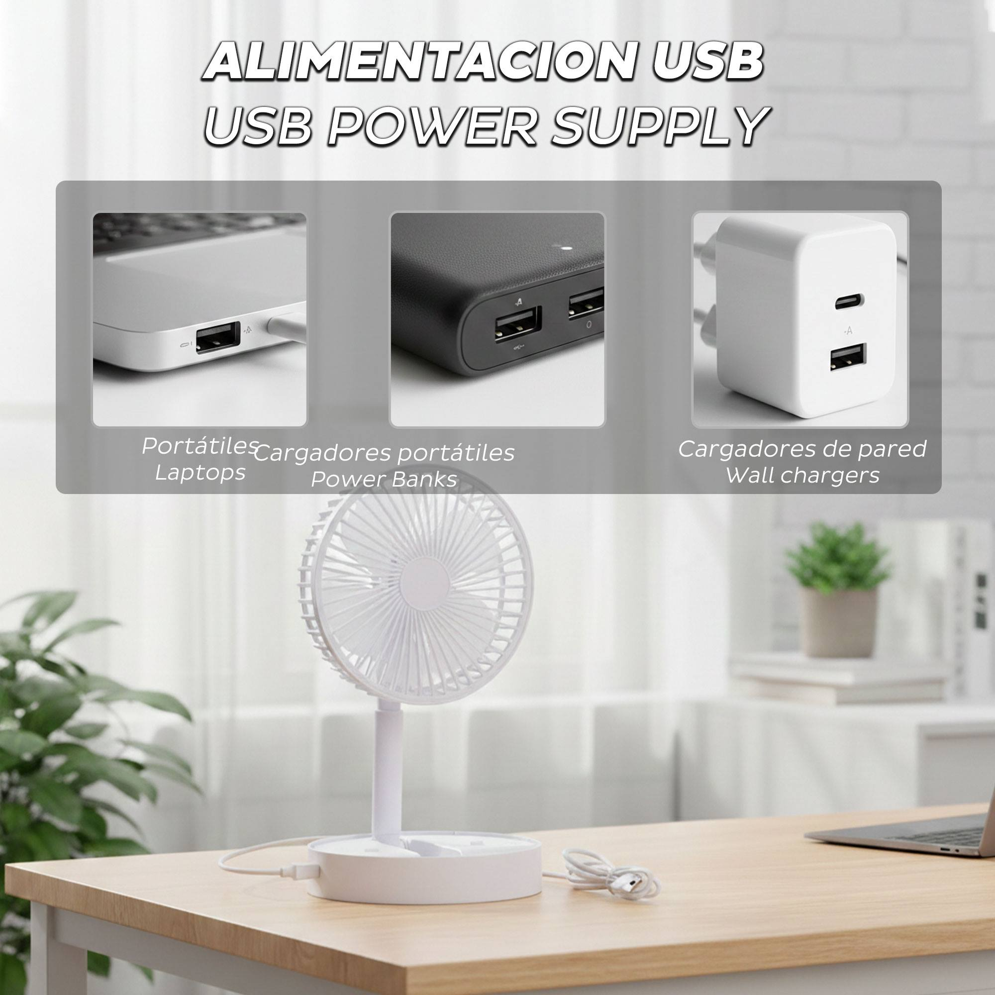 Primer plano de un escritorio con portátil, cargador USB y ventilador.