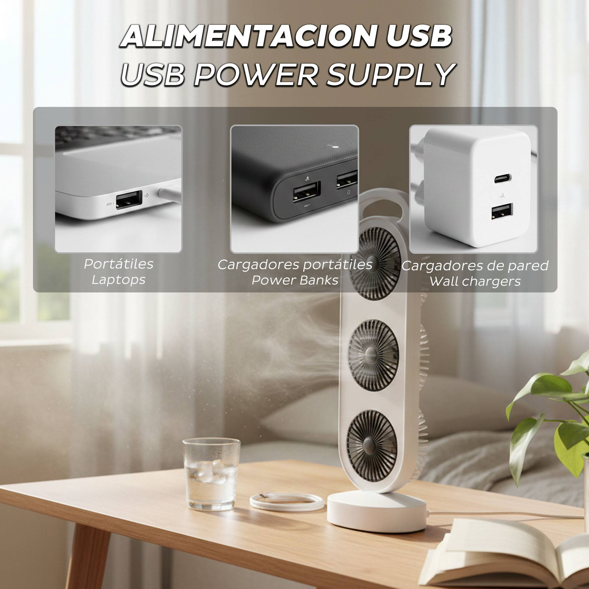Una fuente de alimentación USB con portátil, power bank y cargador de pared.