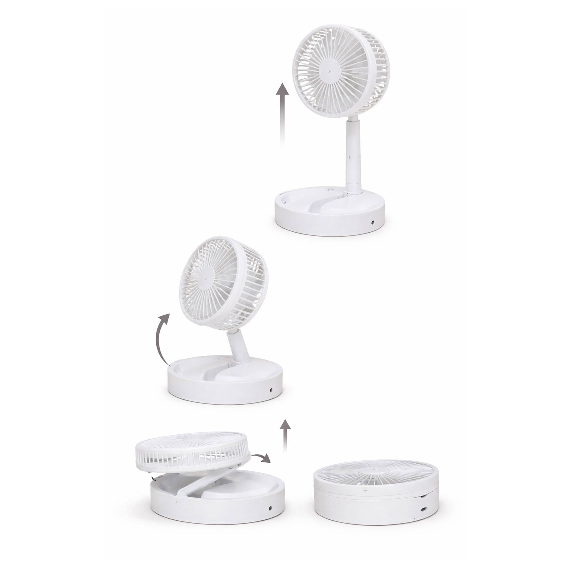 Un ventilador blanco y plegable que cambia de tamaño.