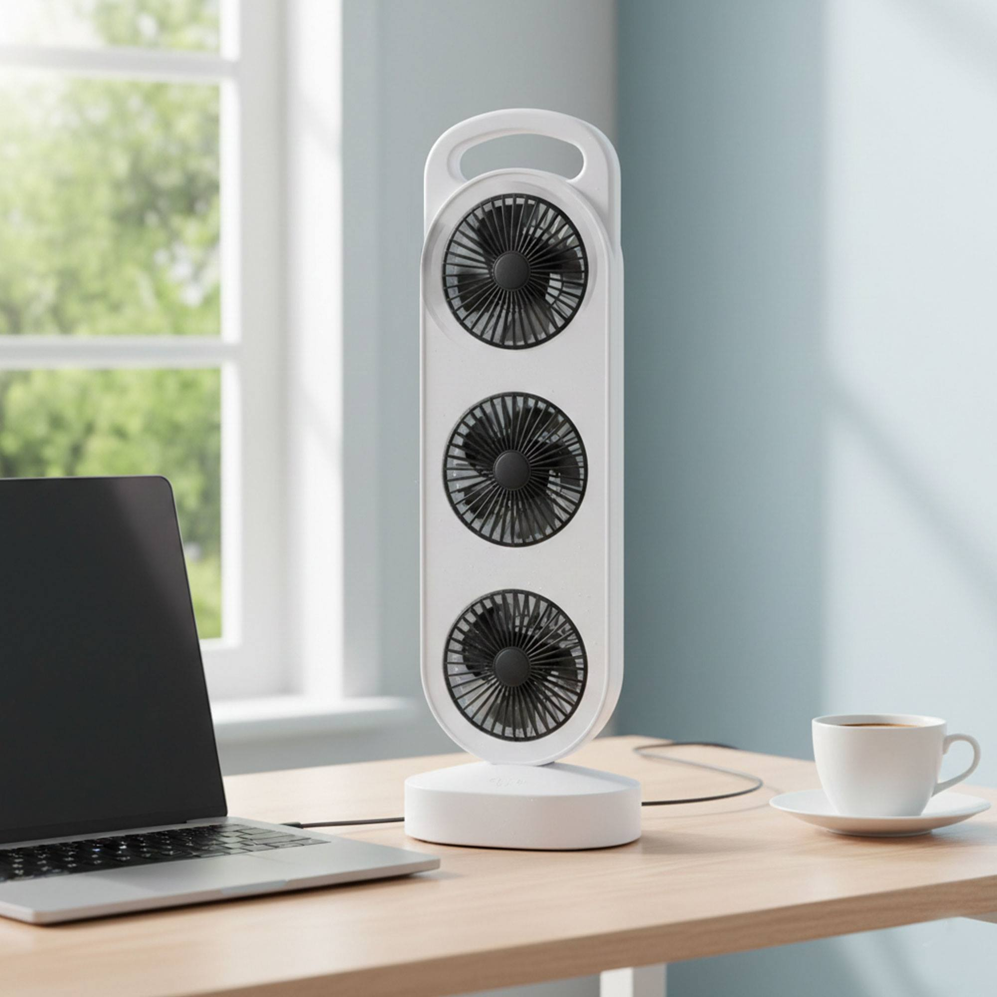 Un ventilador vertical con tres aspas se sienta en un escritorio junto a un portátil y una taza de café.