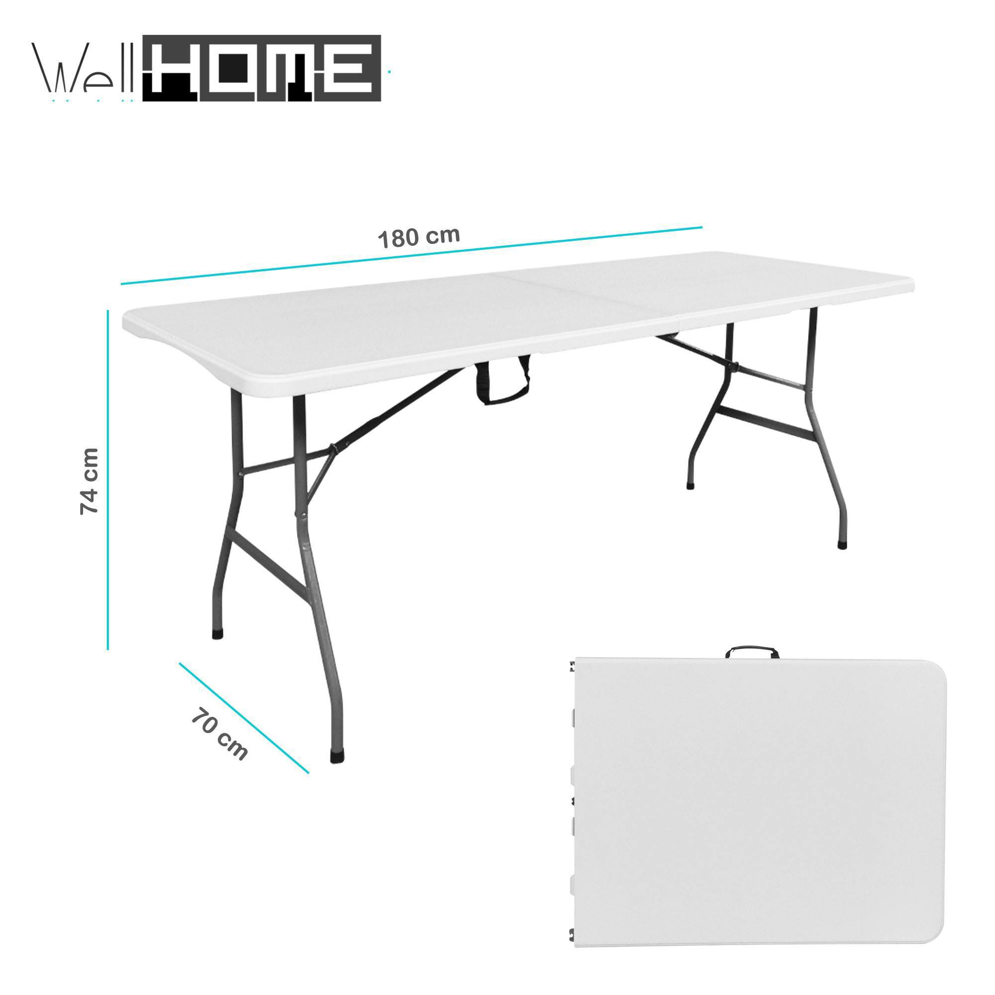 Mesa plegable blanca, 180x70x74 cm, con patas metálicas. También plegada.