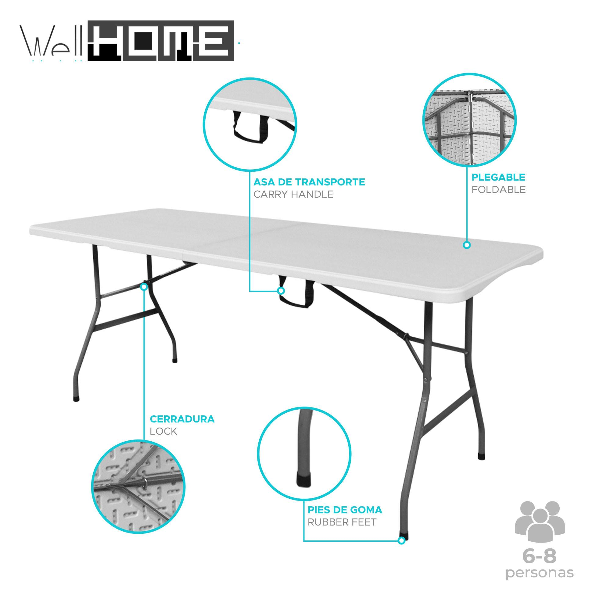 Una mesa plegable blanca con patas de metal, asa y pies de goma.