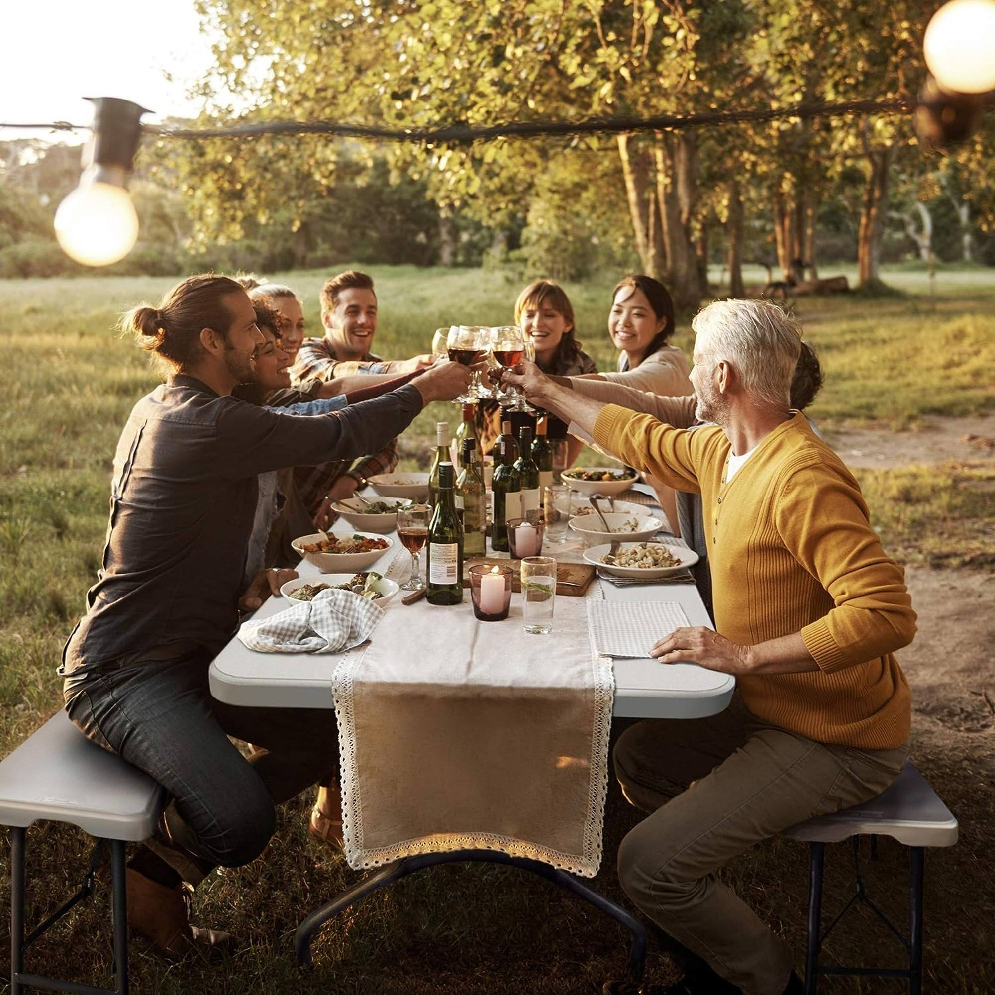 Grupo de personas brindando en una cena al aire libre al atardecer, con mesa llena de comida.