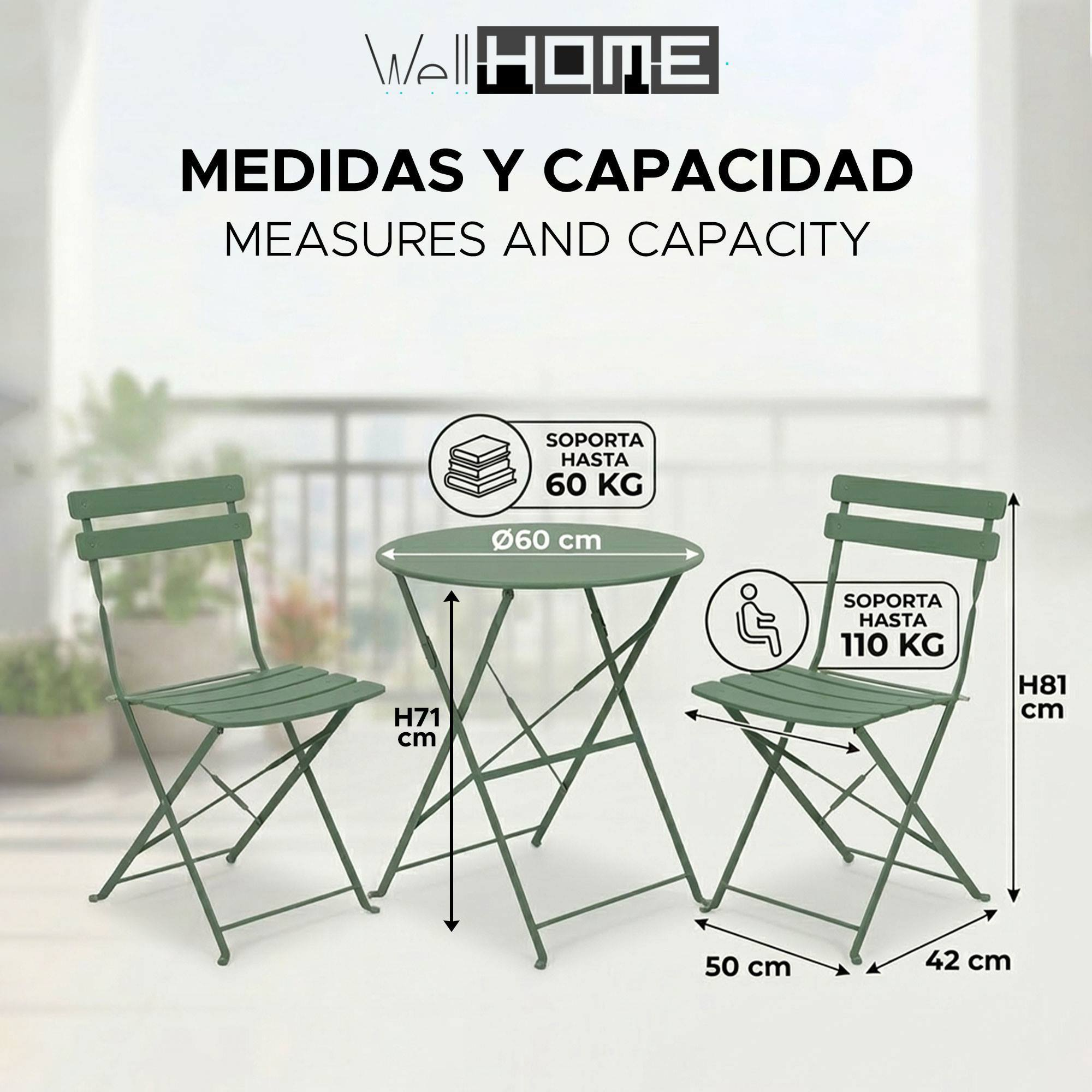 Mesa de jardín verde (Ø60cm, H71cm) con dos sillas (H81cm).