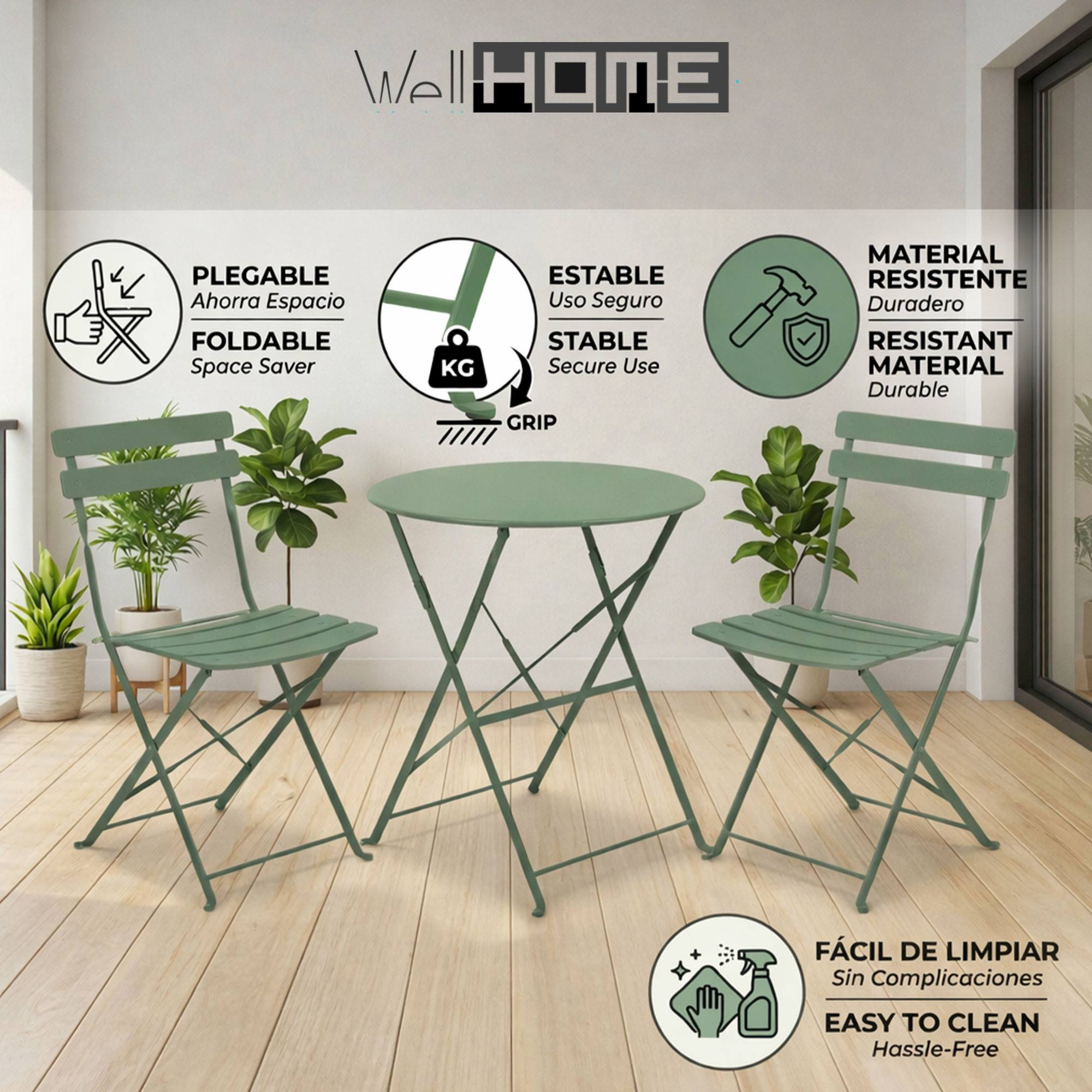 Mesa plegable verde y dos sillas en una terraza de madera, con iconos de plegabilidad y durabilidad.