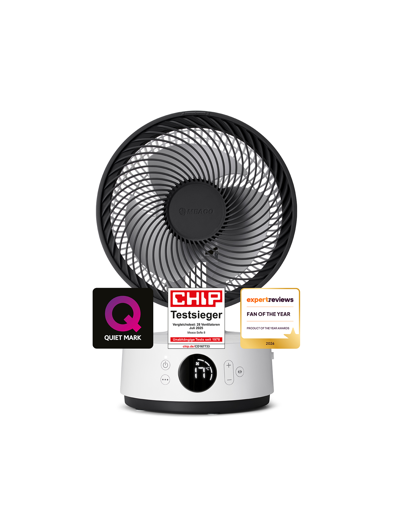 Ein weißer Ventilator mit schwarzem Gitter und Logos.