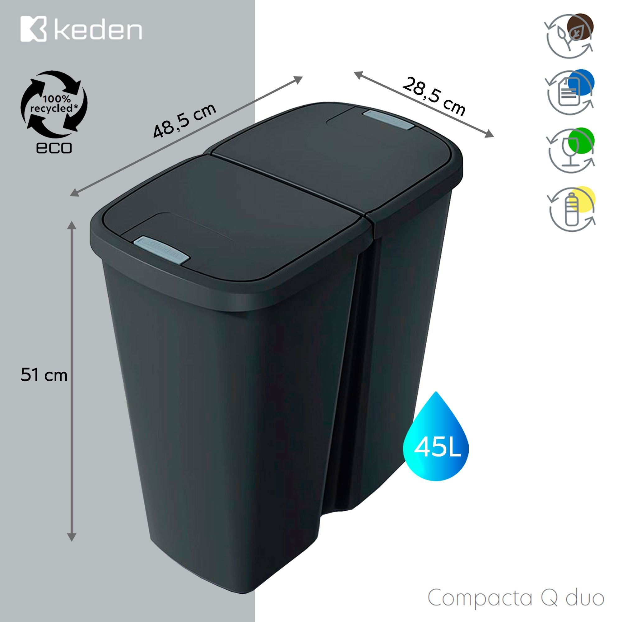 Un cubo de basura negro de dos compartimentos, mide 48,5x28,5x51 cm.
