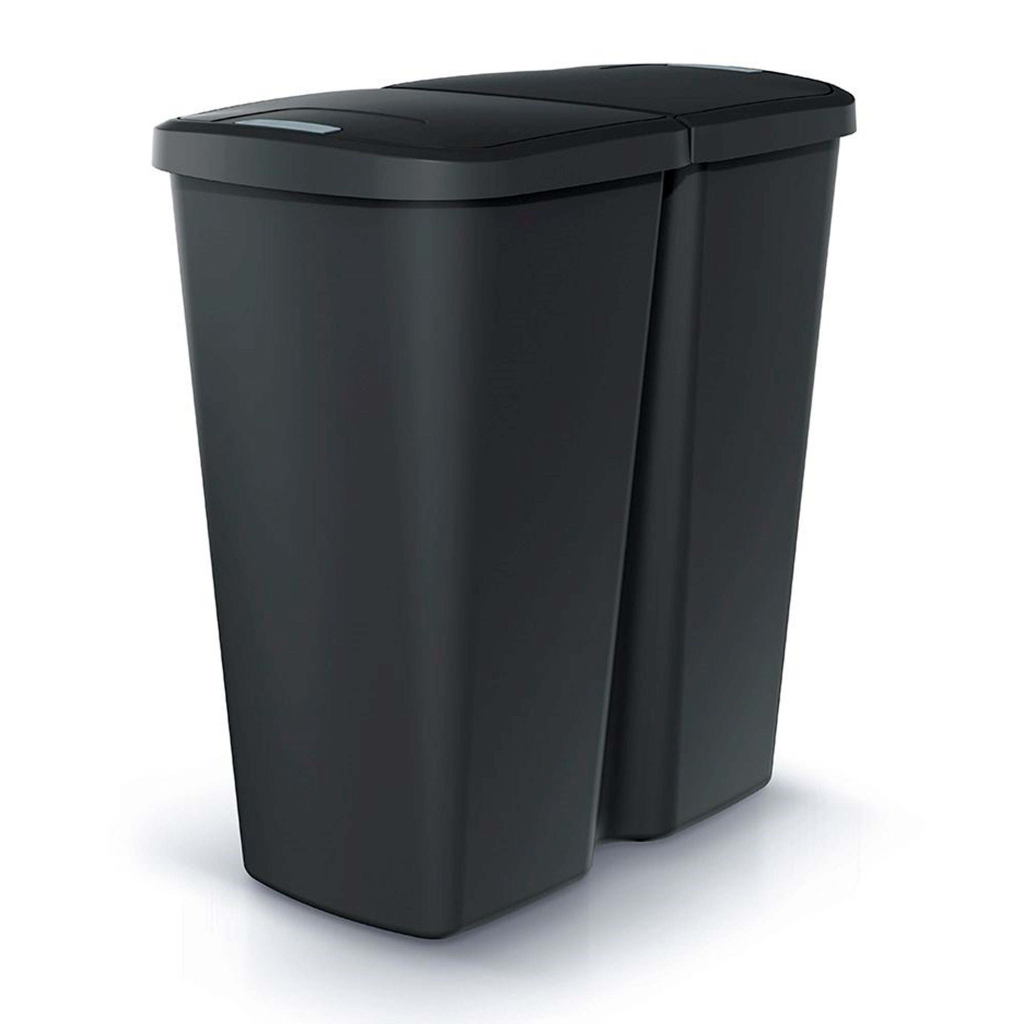 Un cubo de basura negro de doble compartimento con tapa.