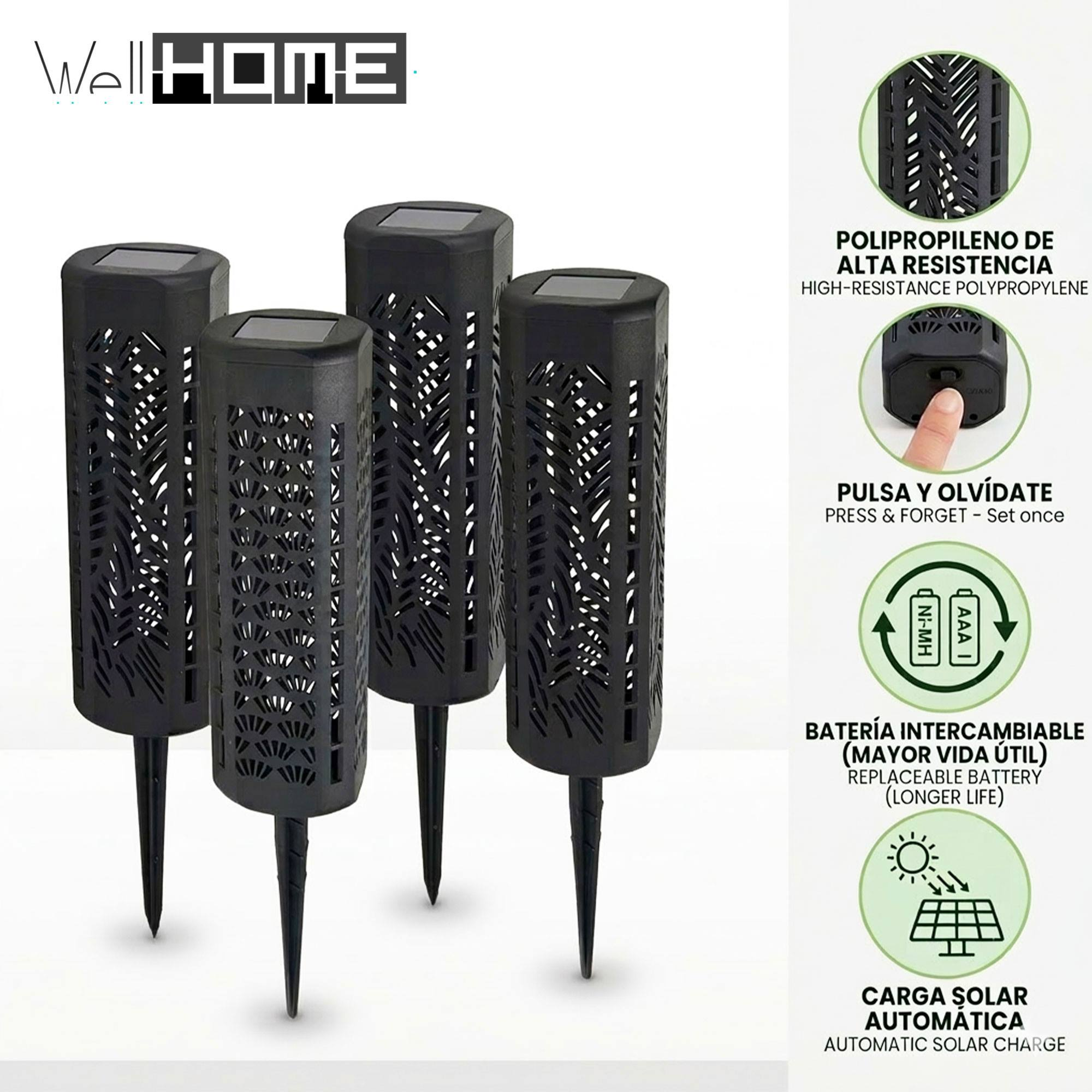 Cuatro luces solares negras con patrón de hojas y estacas de tierra. Información del producto al fondo.