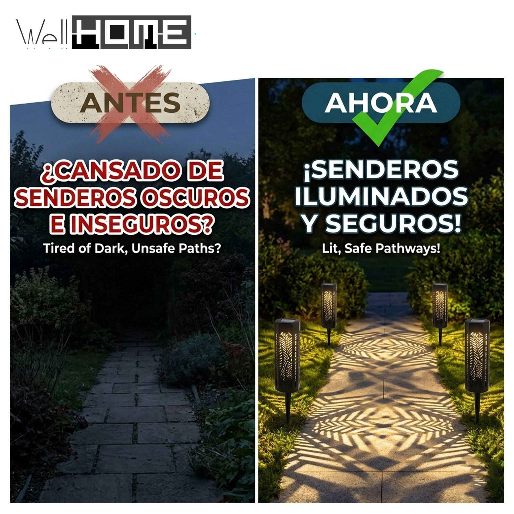 Comparación antes/después de un camino: oscuro e inseguro frente a iluminado con luces solares.
