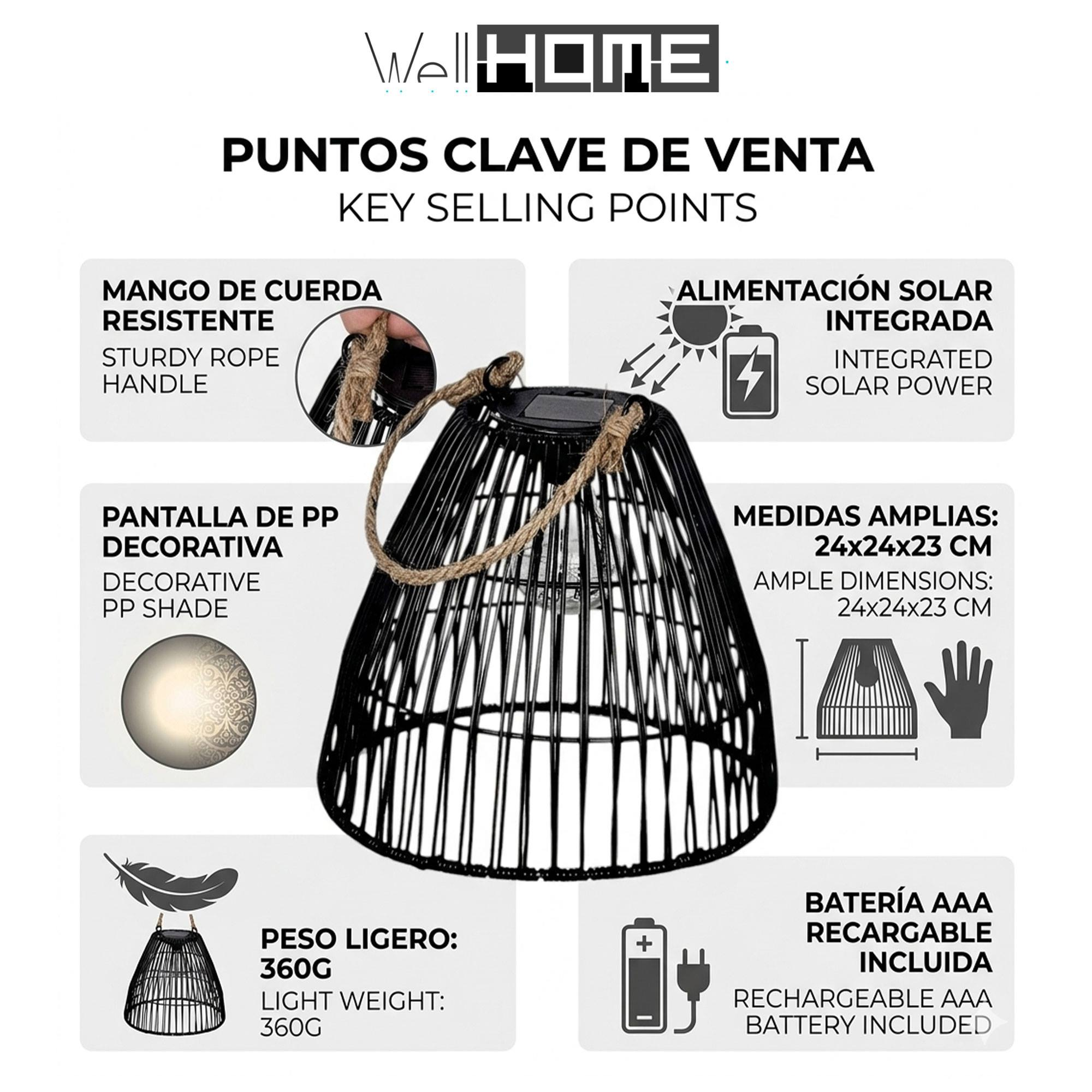 Linterna negra con asa de cuerda, solar, 360g, 24x24x23cm, batería AAA.